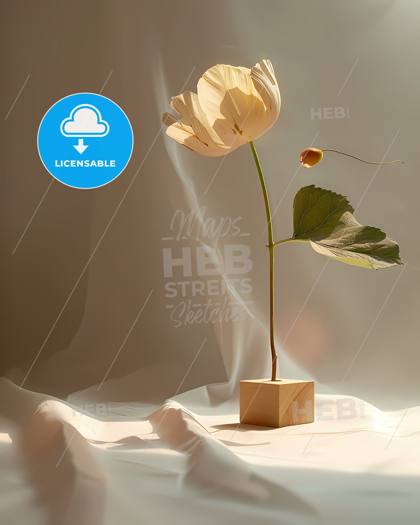 Minimalist Still Life Art Photography, Vibrant Painting, Beige and Yellow Tones, Single Flower, Wooden Block, White Background