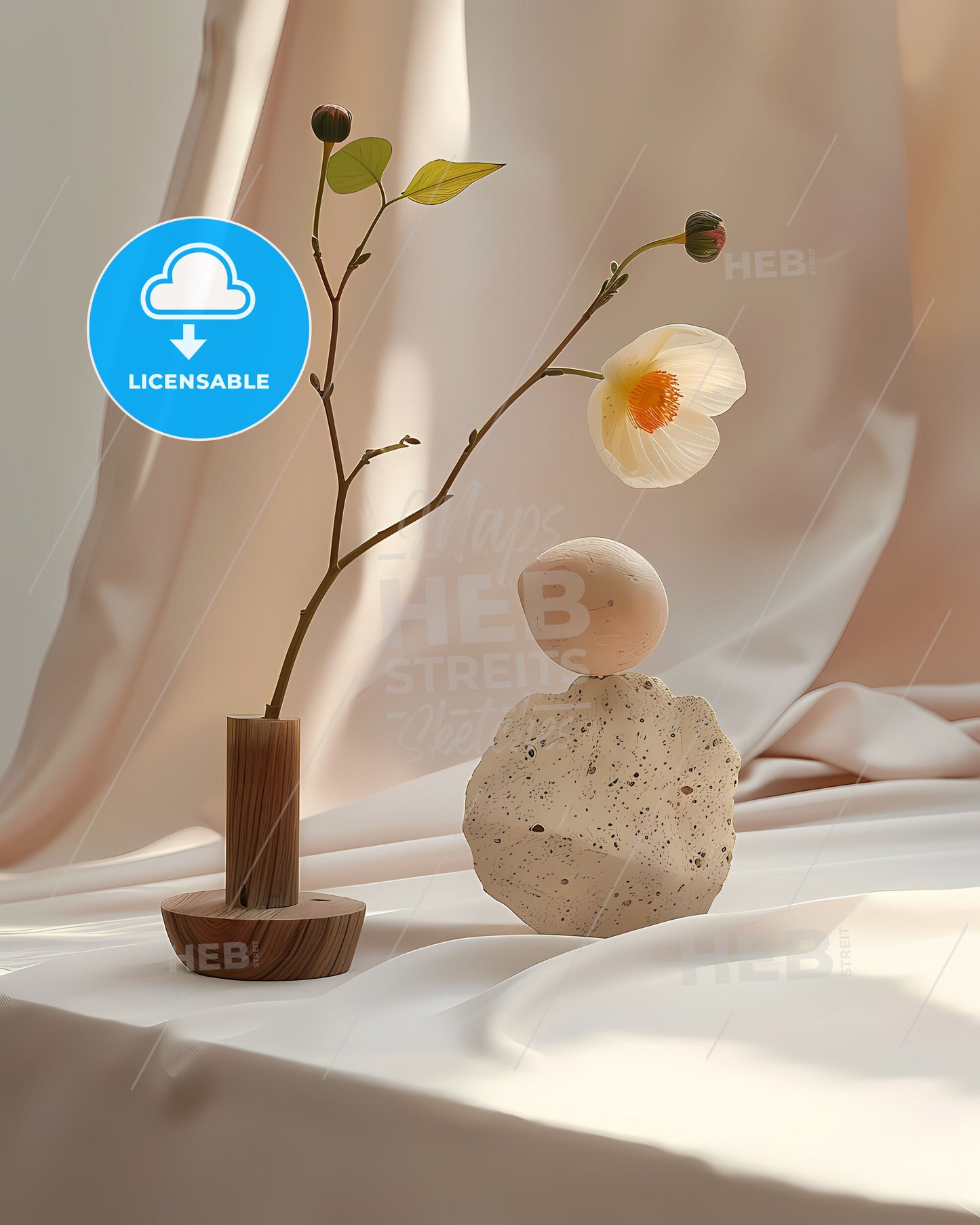 Minimalist Still Life Painting, Vibrant Hues Beige Yellow, Floral Art Decor, Single Flower with Leaves, White Background, Rock in Vase