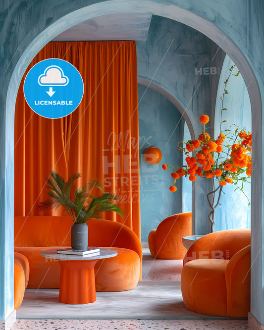 Modern Minimalist Orange and Blue Wall Art Print - Vibrant Painting with Pop Art Influence in Orange Living Room
