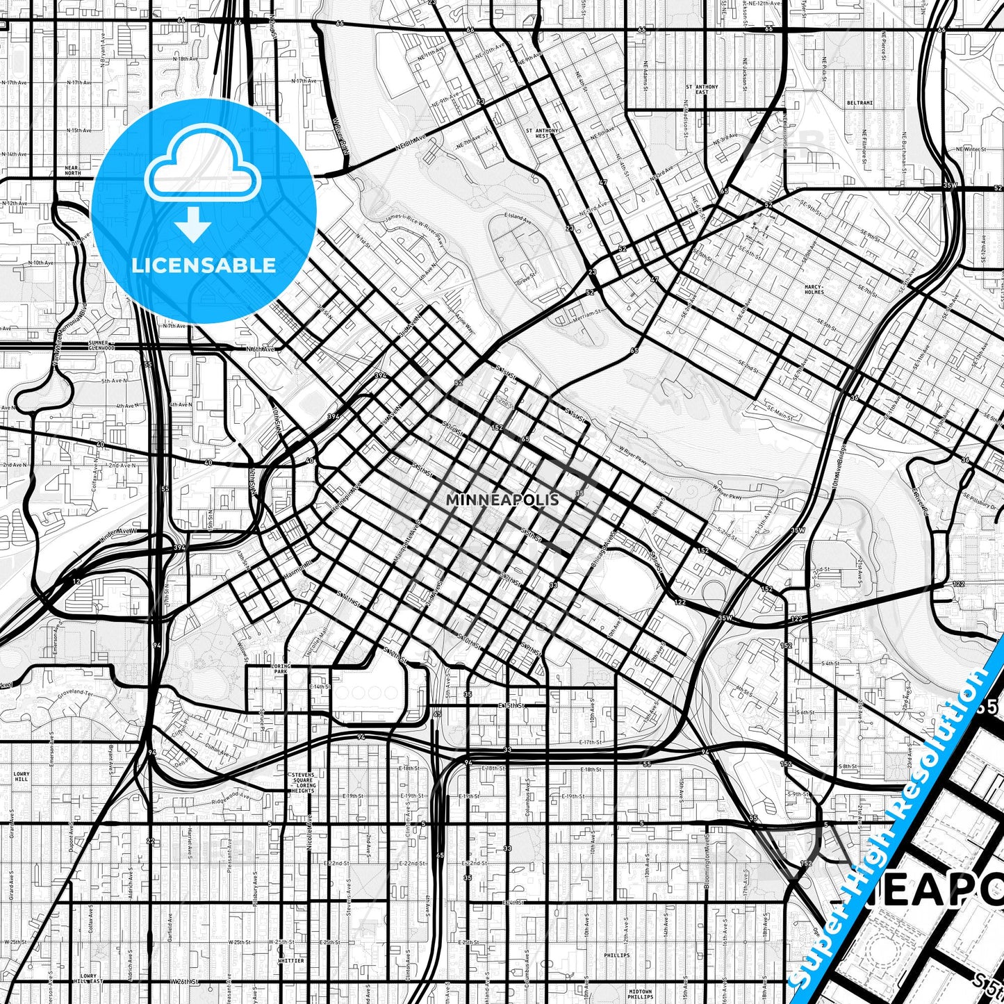 Minneapolis, Minnesota Light Map with Street Names, City Names, and Districts