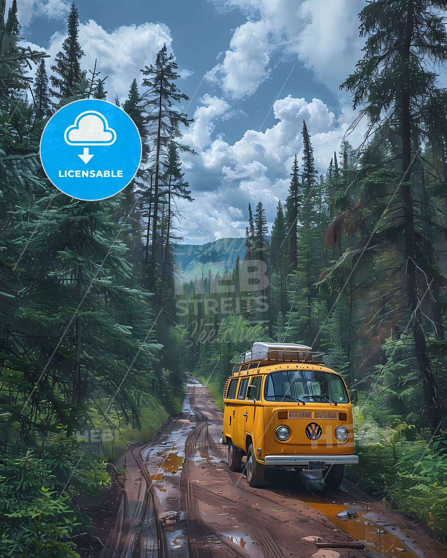 Vibrant Painting of Yellow Van on Muddy Forest Road Minnesota USA Art