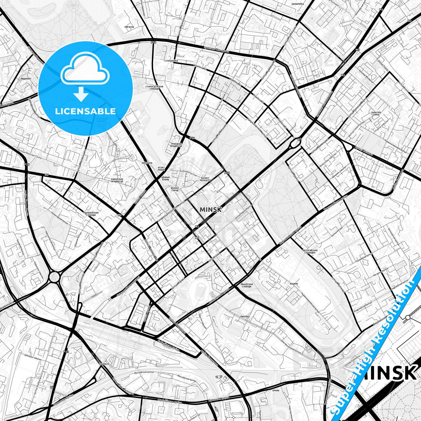 Minsk, Belarus Light Map with Street Names, City Names, and Districts