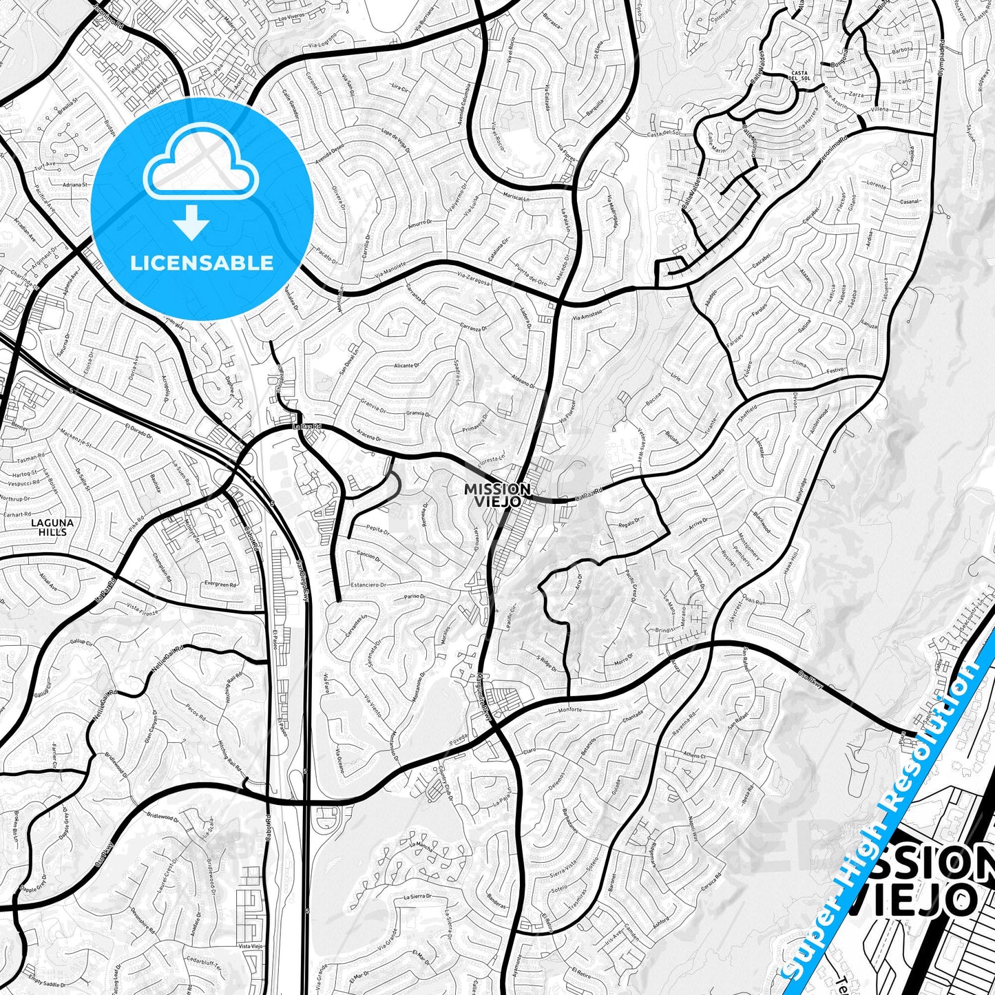 Mission Viejo, California Light Map with Street Names, City Names, and Districts