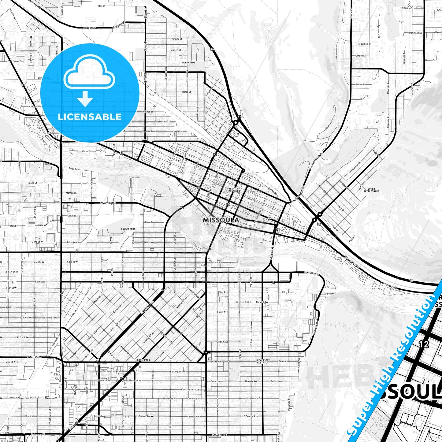 Missoula, Montana Light Map with Street Names, City Names, and Districts