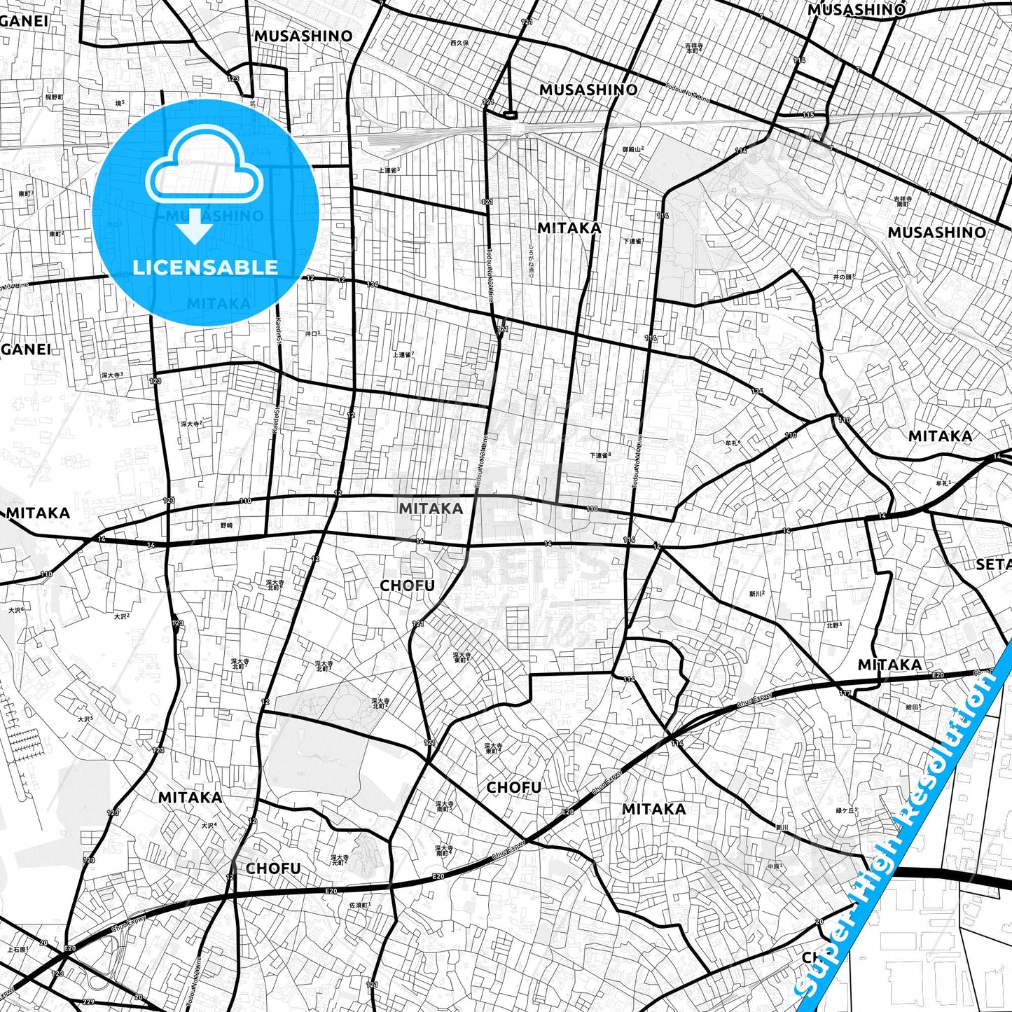 Mitaka, Japan Light Map with Street Names, City Names, and Districts