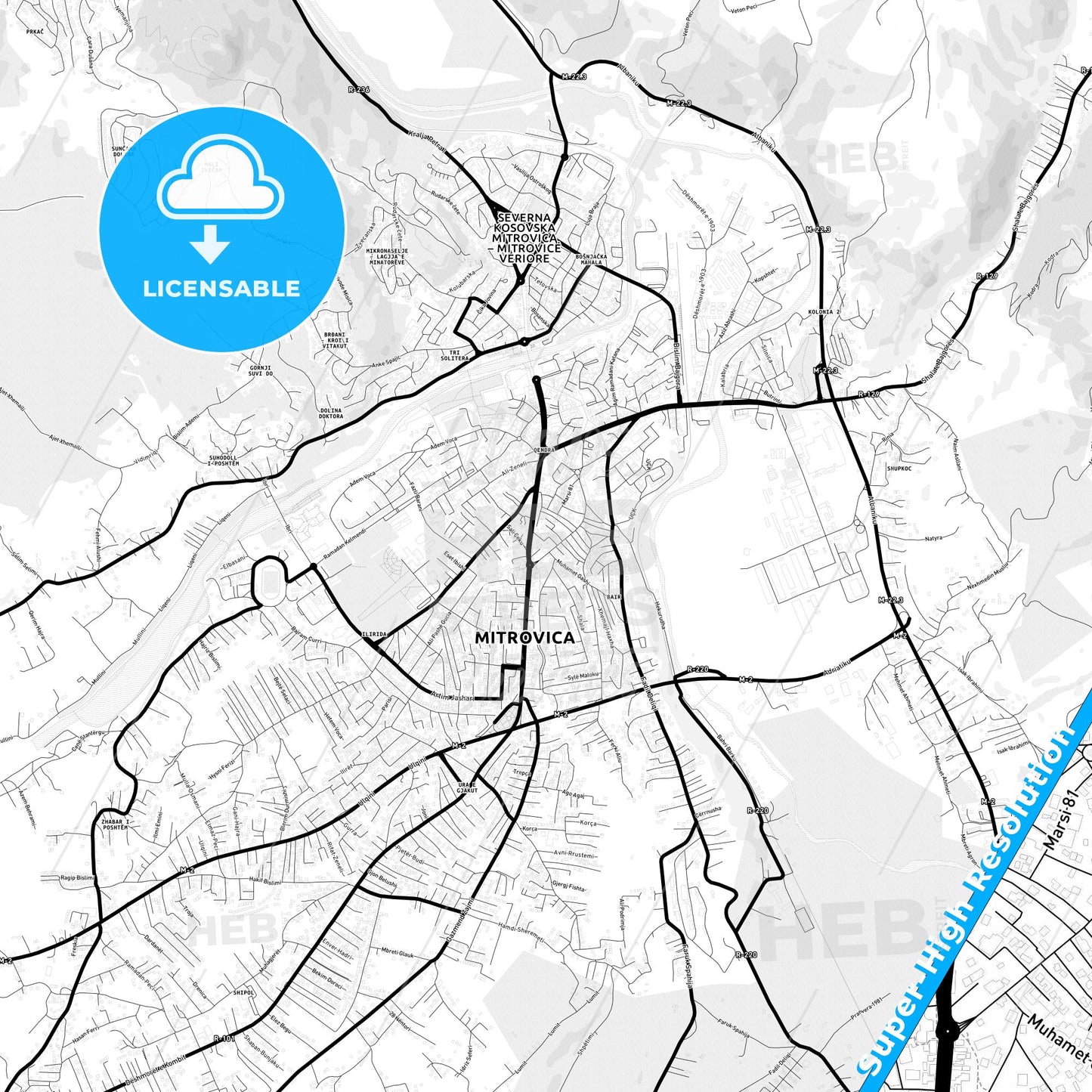 Mitrovicë / Kosovska Mitrovica, Kosovo Light Map with Street Names, City Names, and Districts