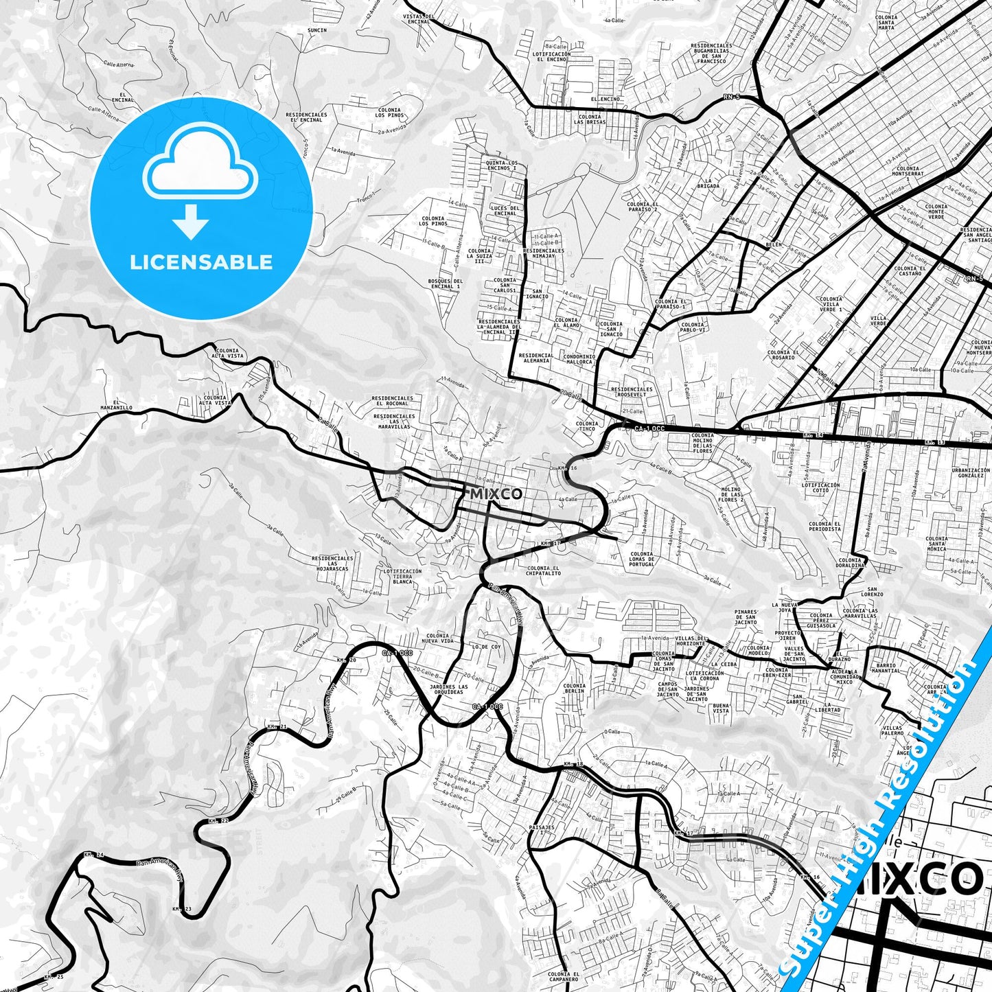 Mixco, Guatemala Light Map with Street Names, City Names, and Districts