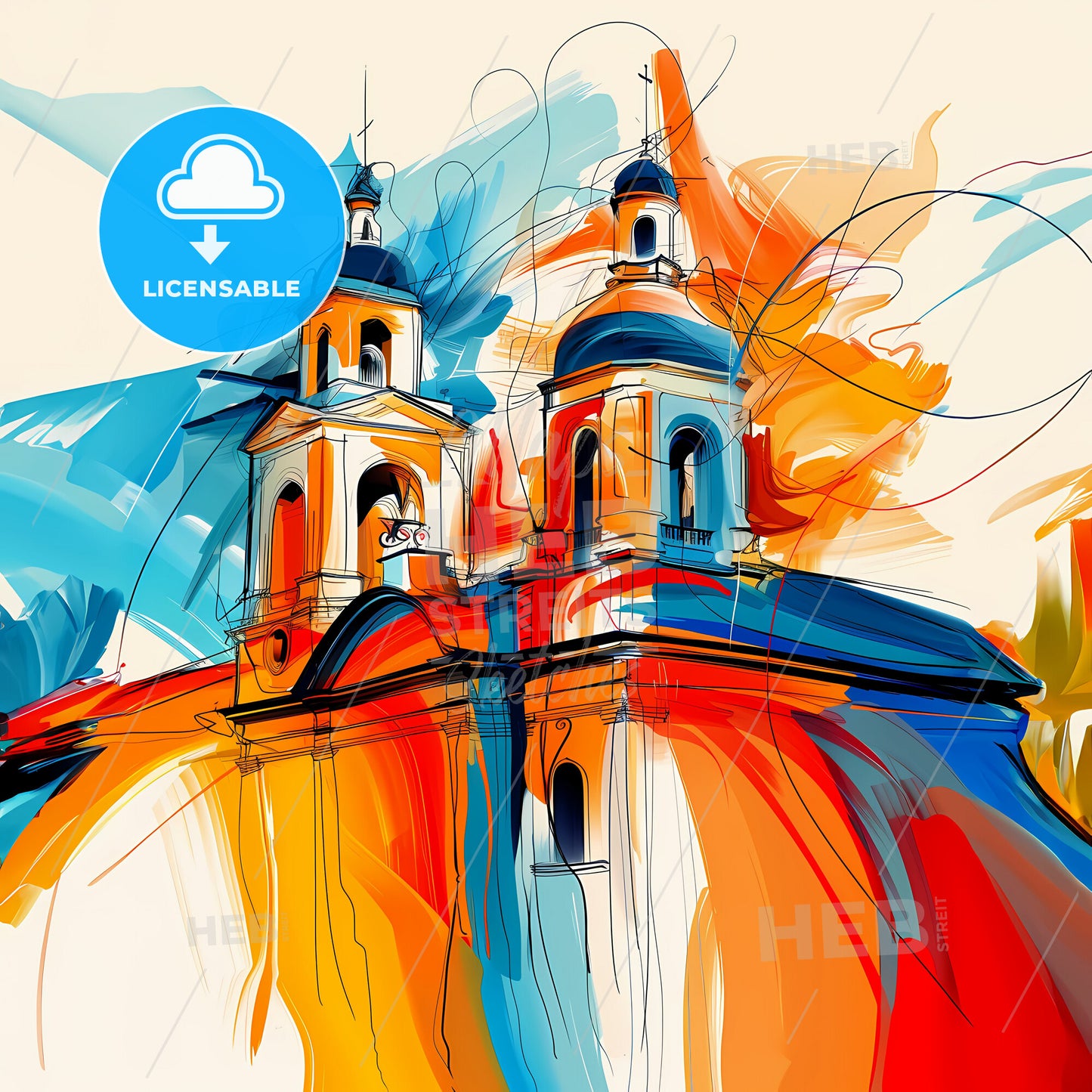 Vibrant Mixco, Guatemala - A Painting Of A Building With A Colorful Background