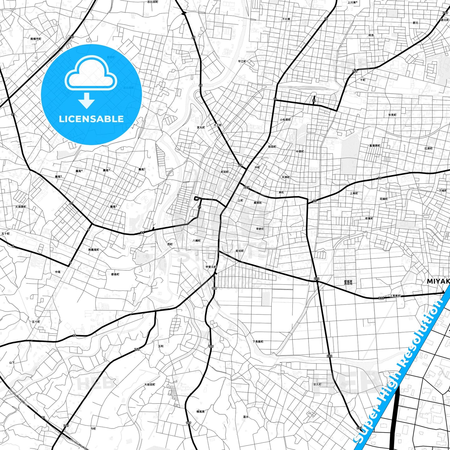 Miyakonojō, Japan Light Map with Street Names, City Names, and Districts