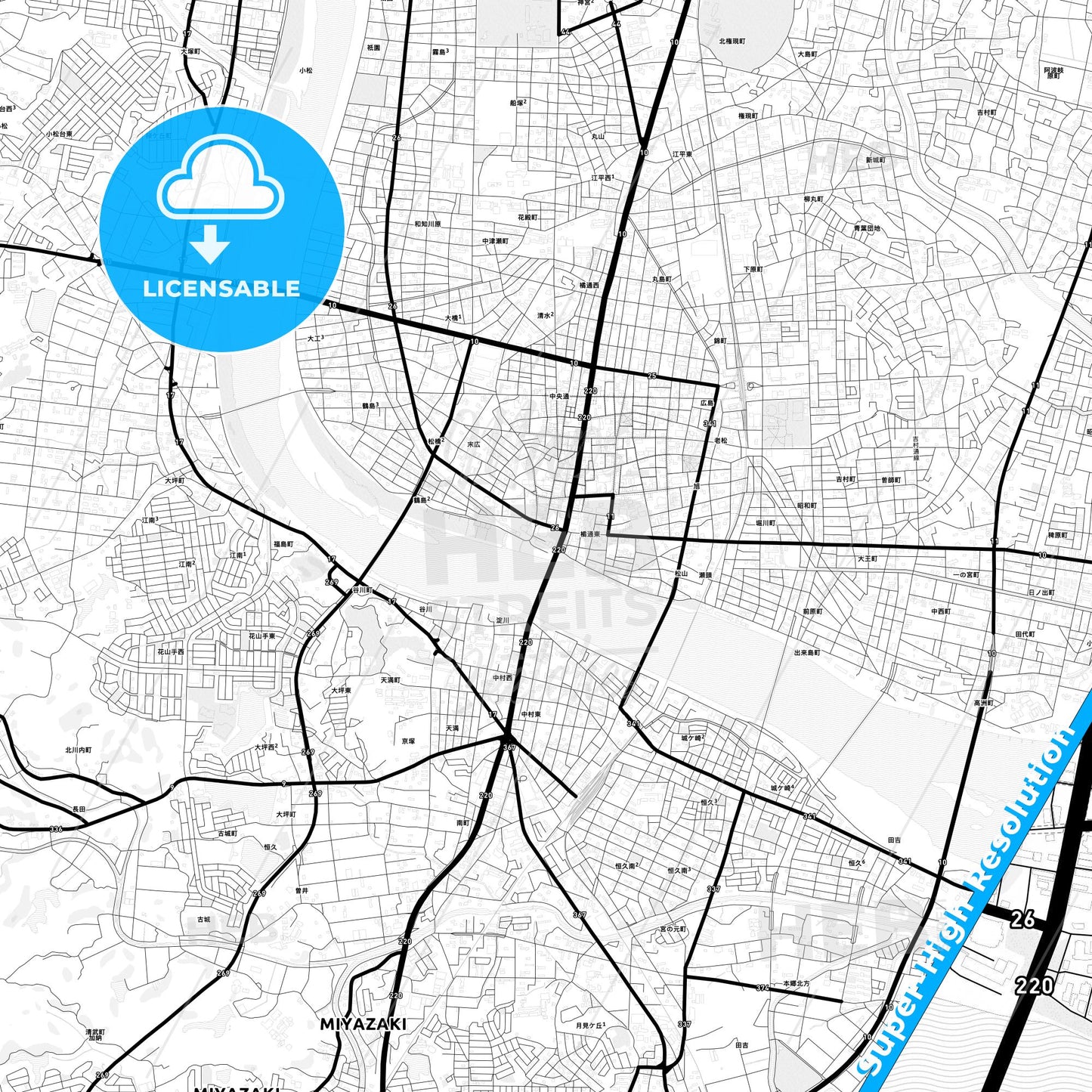 Miyazaki, Japan Light Map with Street Names, City Names, and Districts