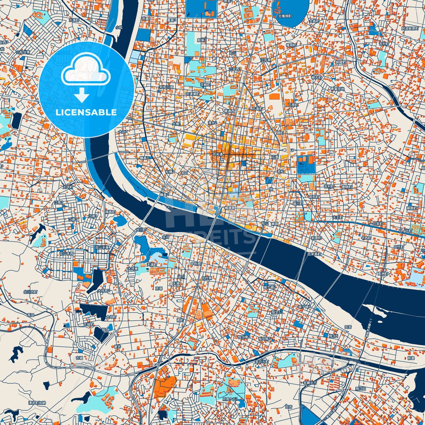 Colorful Miyazaki Street Map with Labels and Buildings