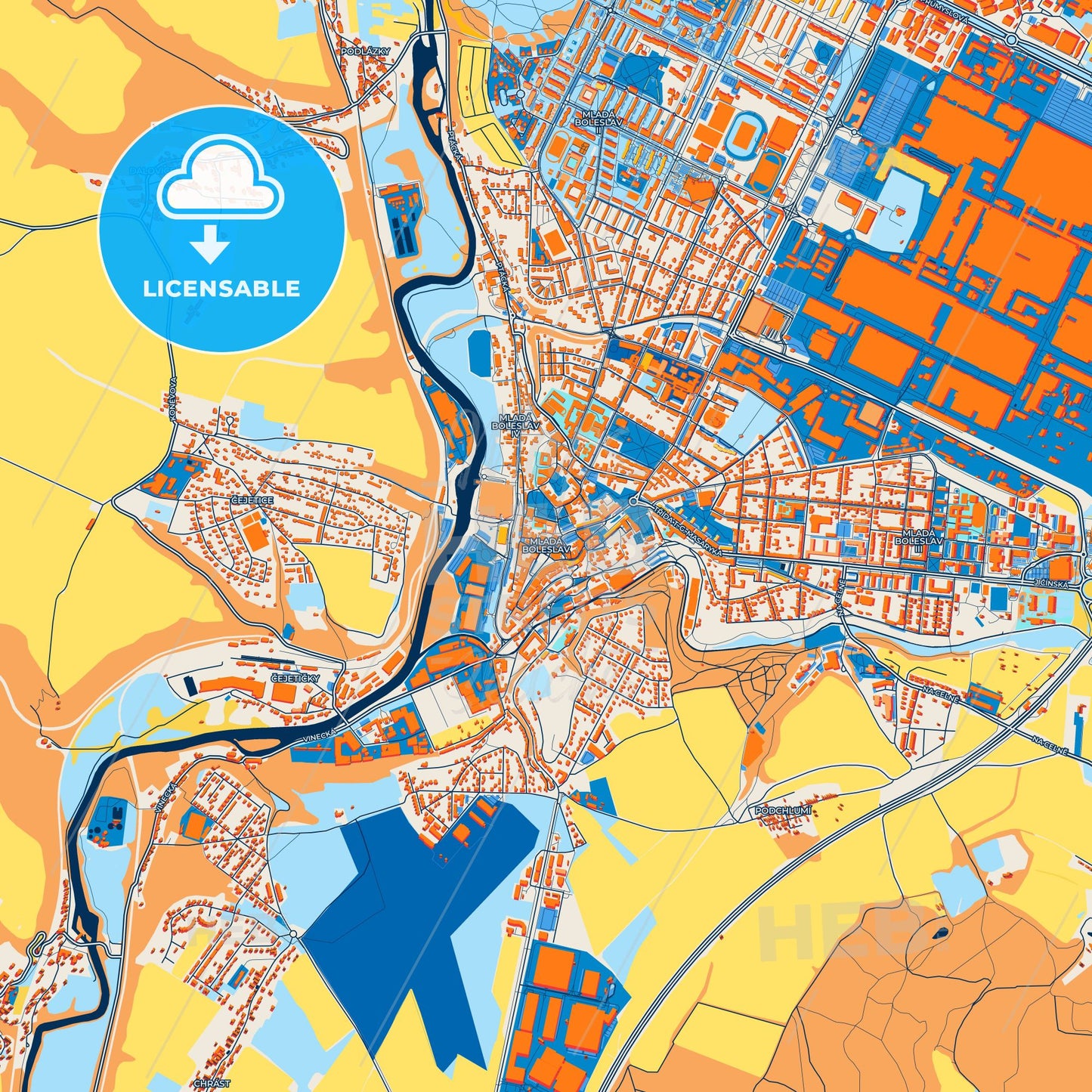 Colorful Mladá Boleslav Street Map with Labels and Buildings