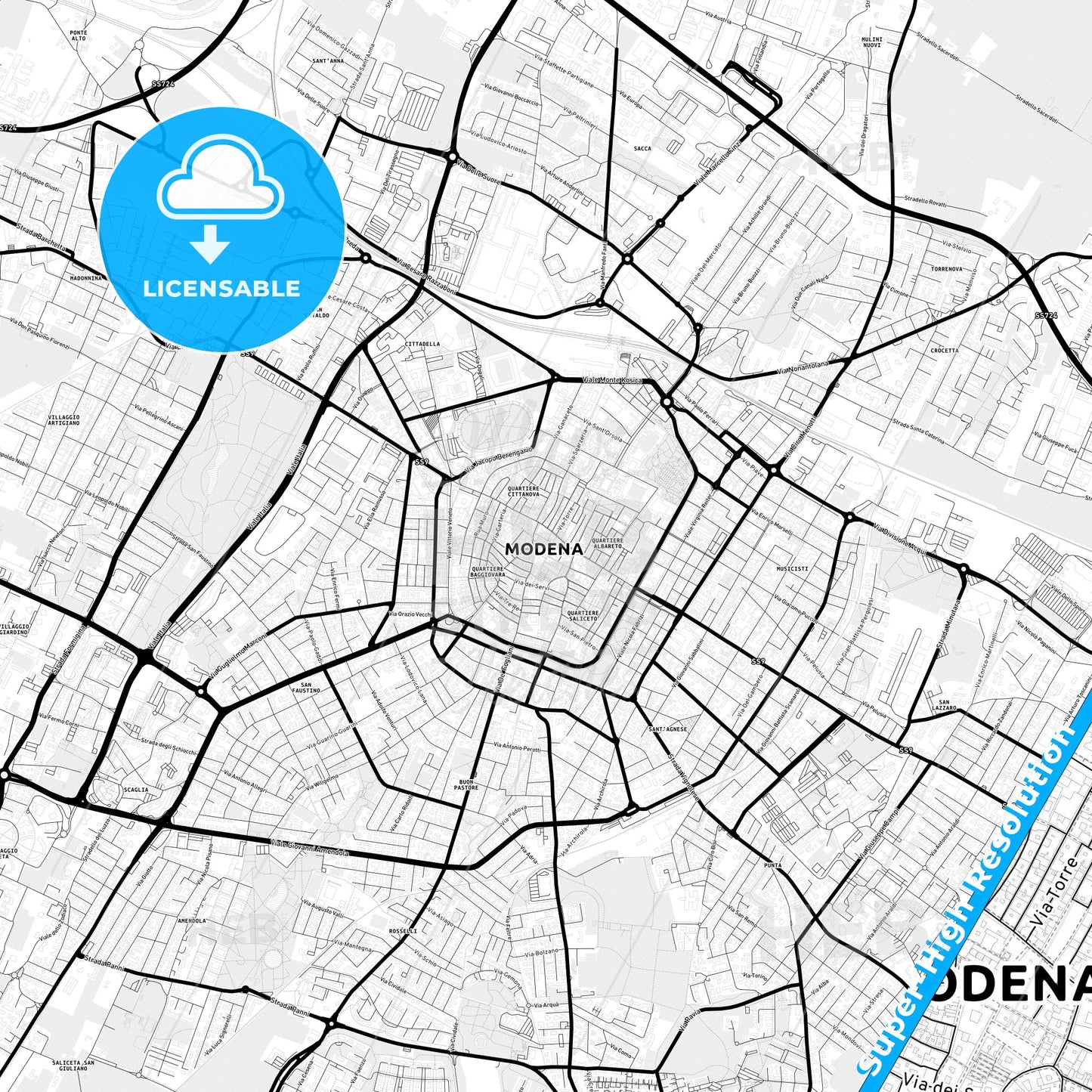 Modena, Italy Light Map with Street Names, City Names, and Districts