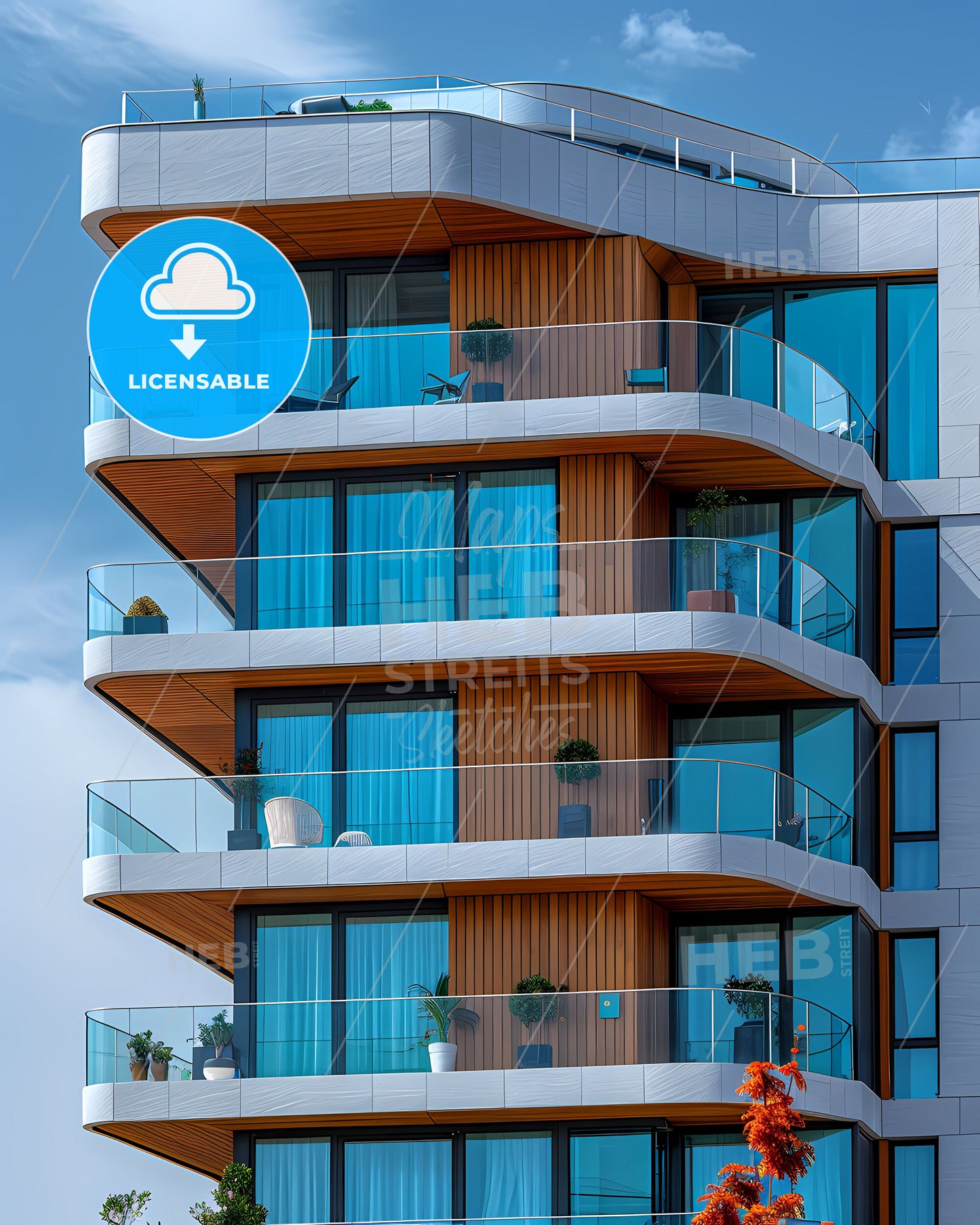 Vibrant Painting Showcasing Architectural Lines and Blue Skies with Multiple Balconies