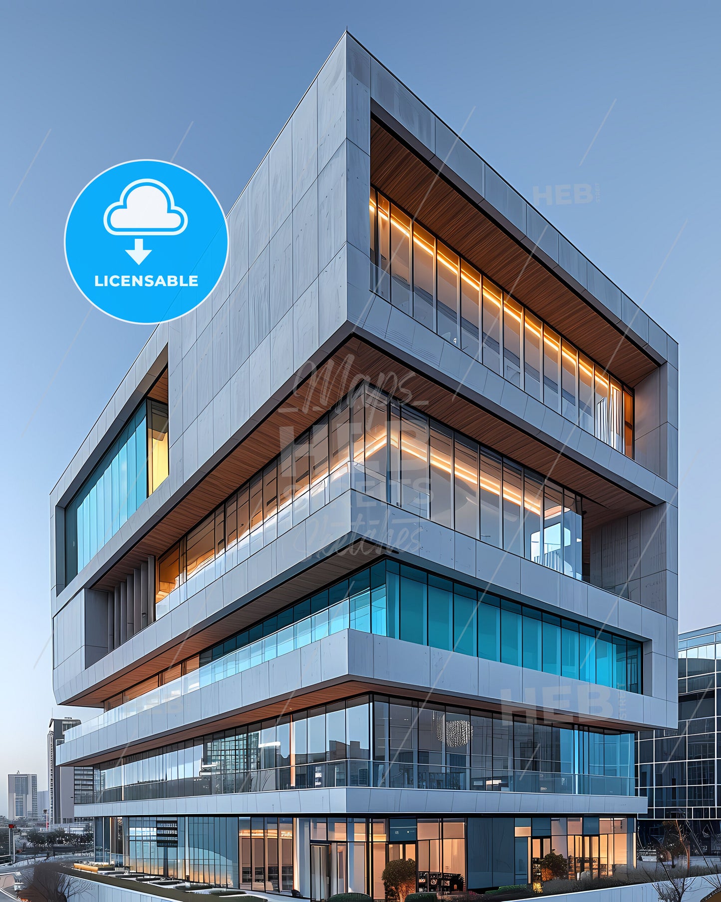 Striking Architecture Artwork: Vibrant Painting Depicting an Ethereal Building Awash in Azure Skies with a Profusion of Glass Windows