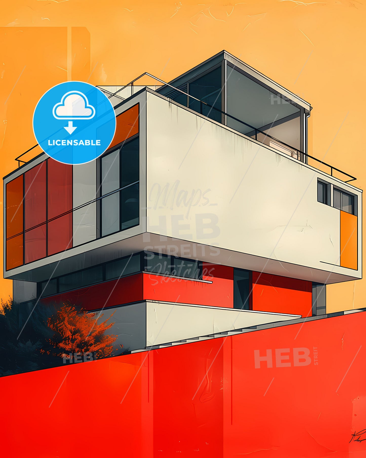 Bauhaus Architecture Painting, Geometric Balcony, Primary Colors, Art Deco Poster Style