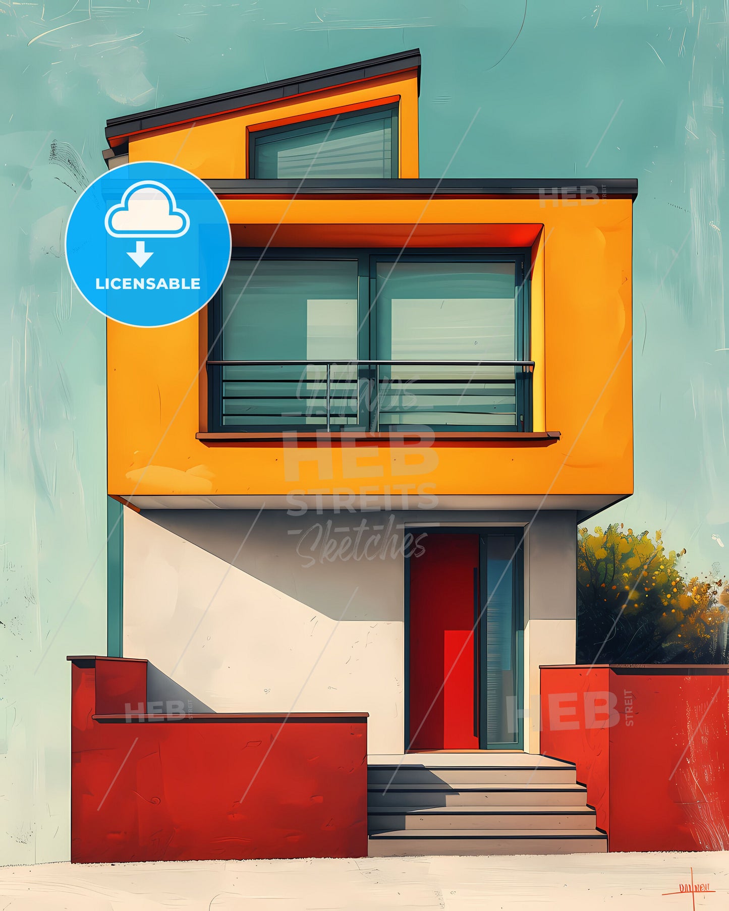 Vibrant Bauhaus Art Print: Minimalist Geometric Yellow House with Red Door