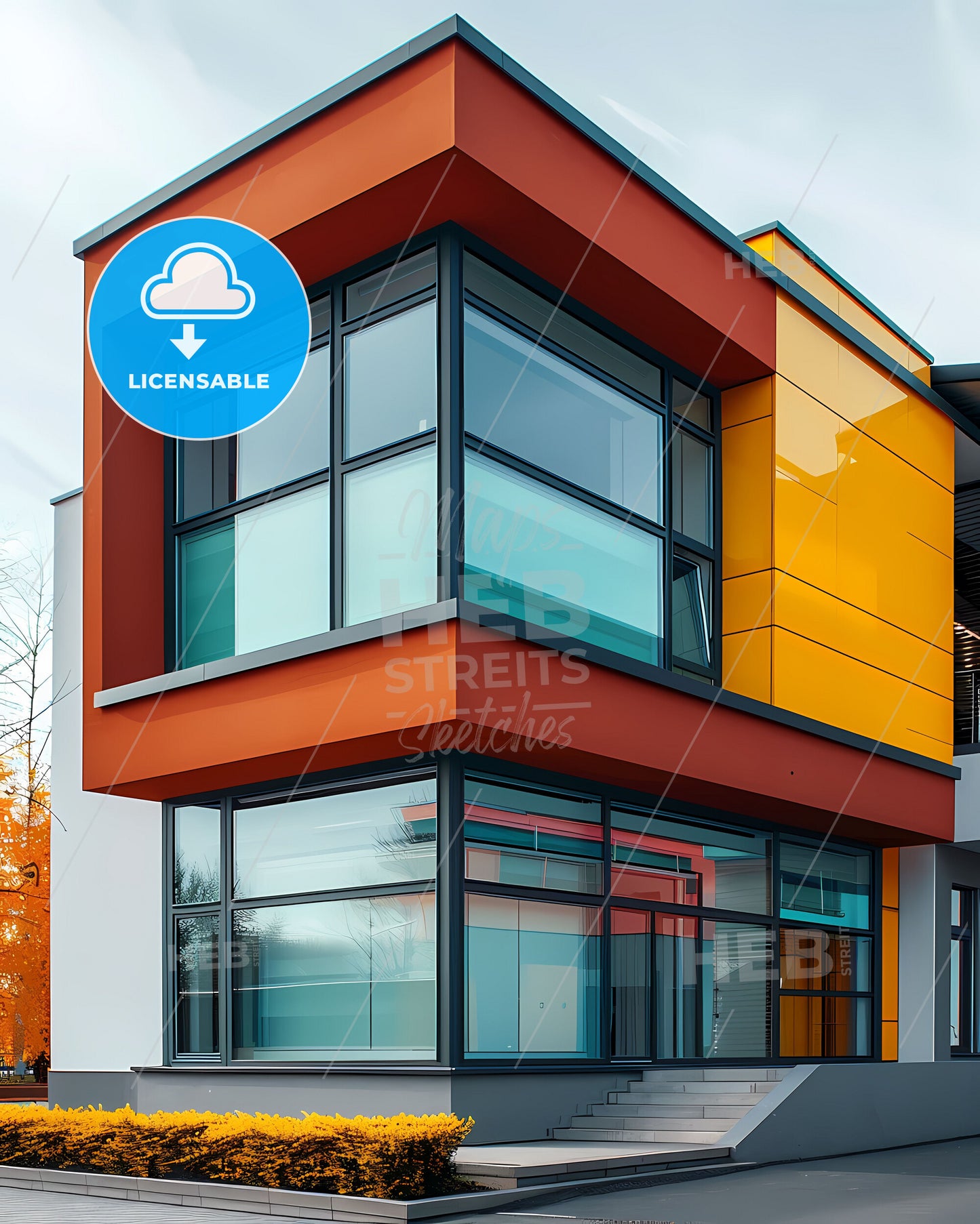 Vibrant Bauhaus Painting: Corner of a Geometric Architectural Masterpiece with Flat Minimalist Style and Bright Colors