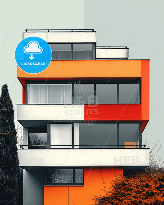 Bauhaus Modernist Colorful Architecture Painting Multistory Geometric Shapes Vibrant Art