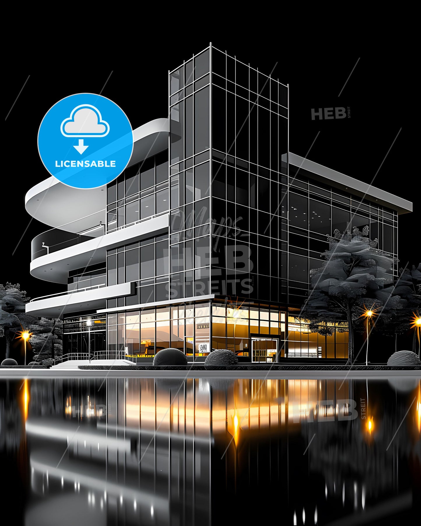 Black and White High School Architecture Design Icon, Building, Trees, Water, Vibrant Painting, Art