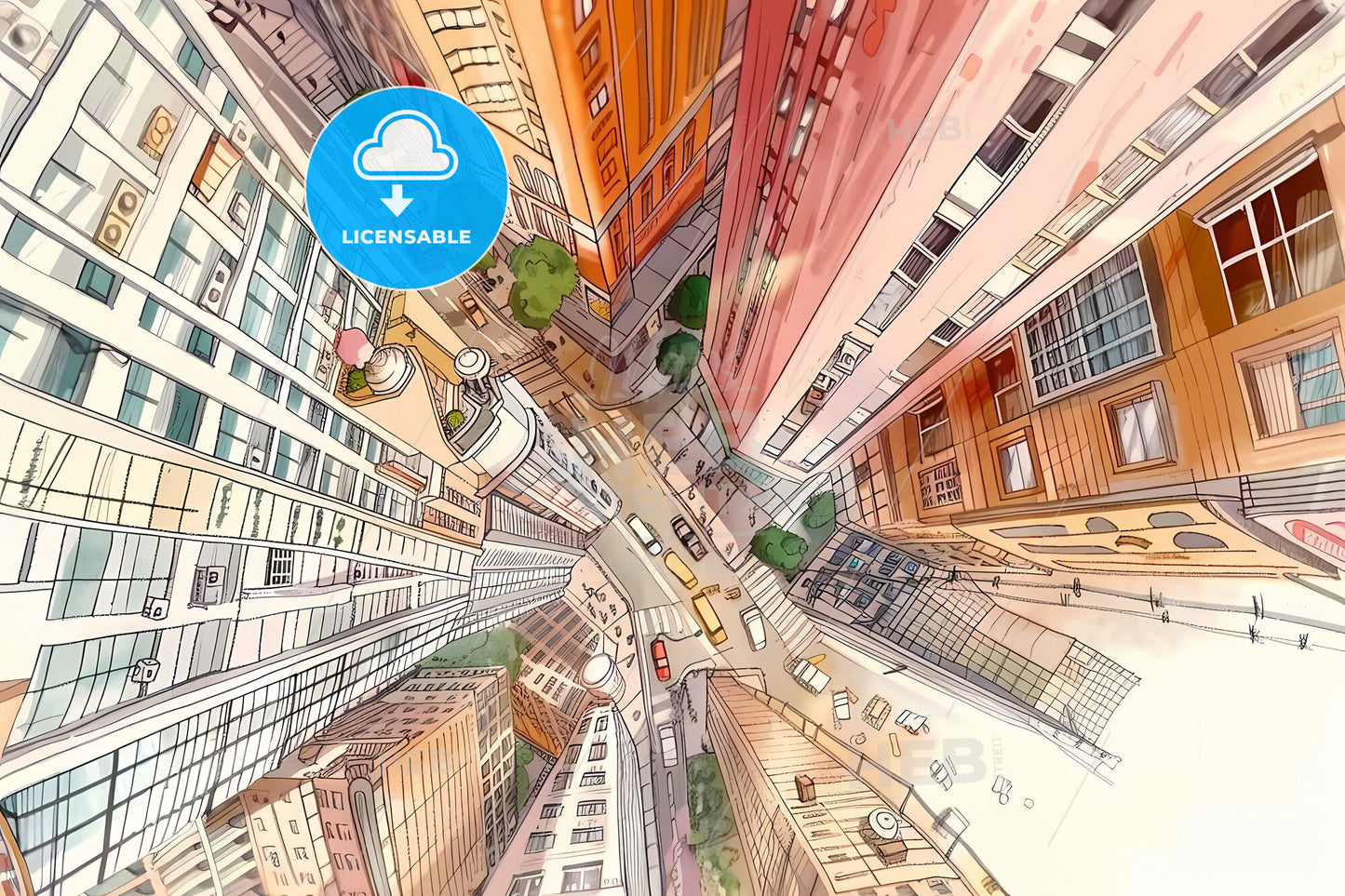 Top-Down View of Urban Bustle: A Futuristic Cityscape with Soaring Offices and Vibrant Art