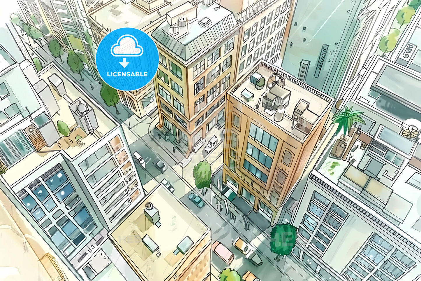 Futuristic Cityscape Skyline Hand-Drawn Cartoon Illustration: High-Rise Buildings, Offices, Urbanization, Overhead Perspective, Vibrant Artwork, City Street