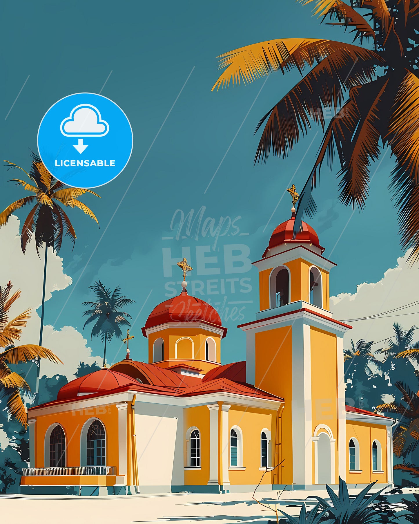 Vivid Ecclesiastical Art: Moldovan Church Painting with Palm Trees, European Architecture, Cultural Heritage, Travel Inspiration