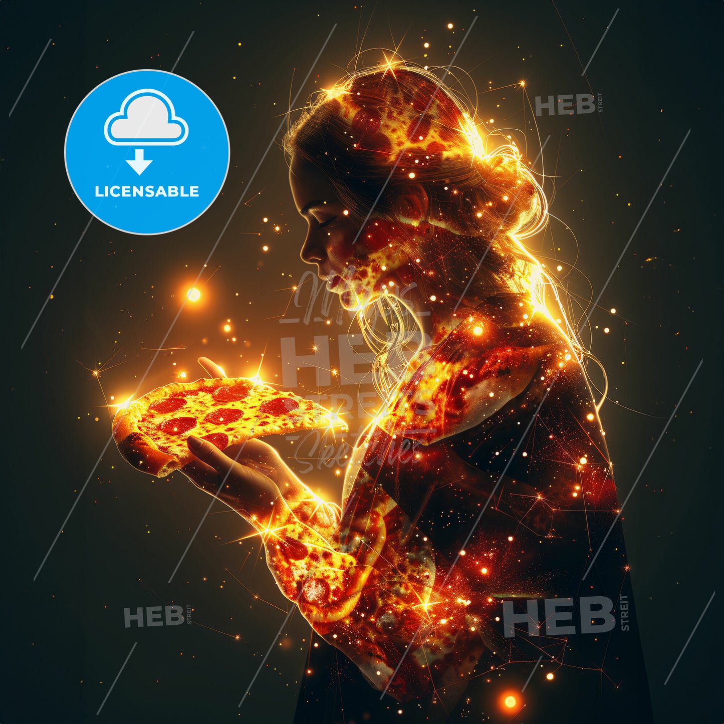 Mona Lisa’s Secret Smile: She Knew About Pizza - A woman holding a pizza with Bonfires of Saint John in the background