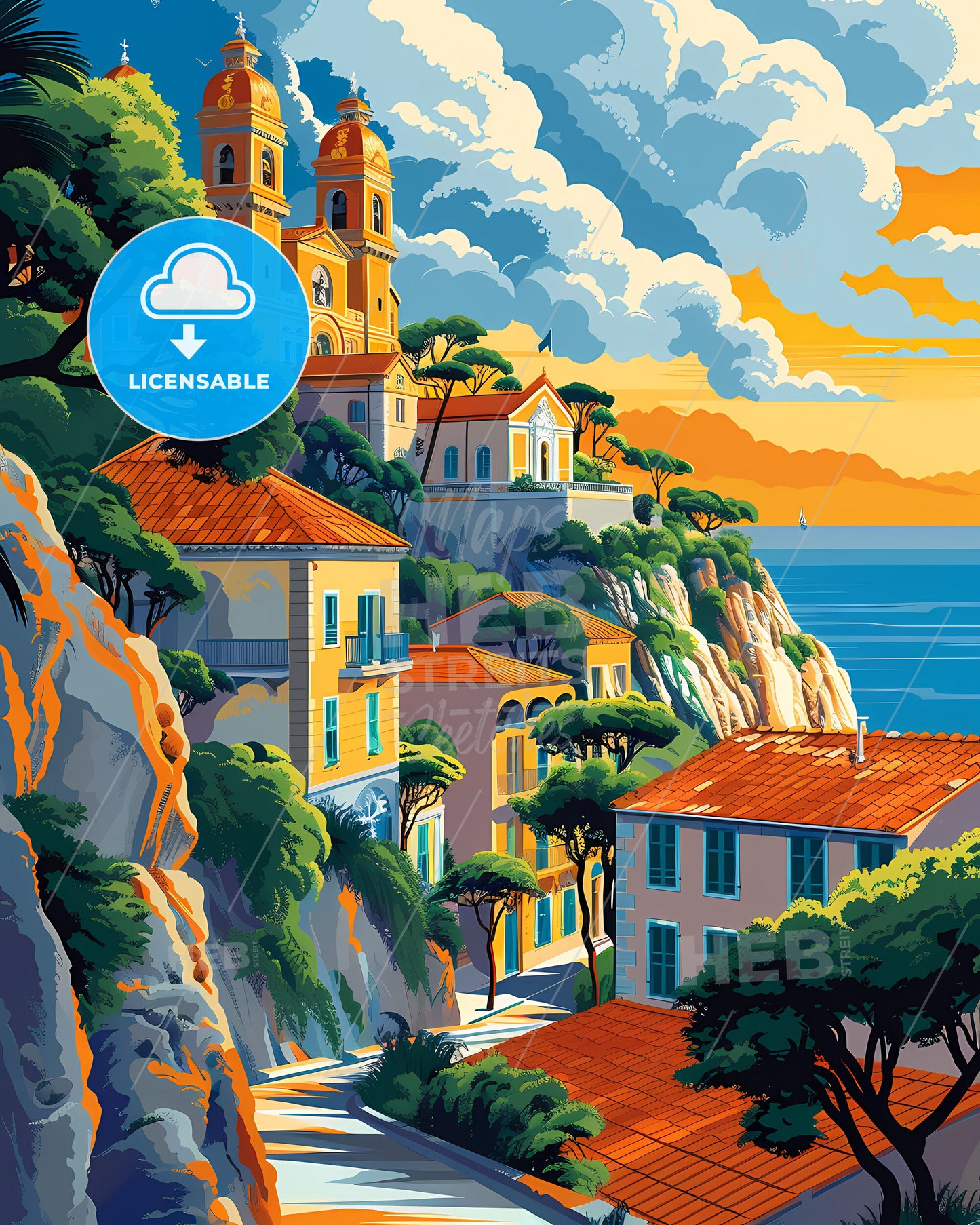 Colorful Art Painting of Monaco, Europe: Scenic Clifftop Town by the Water
