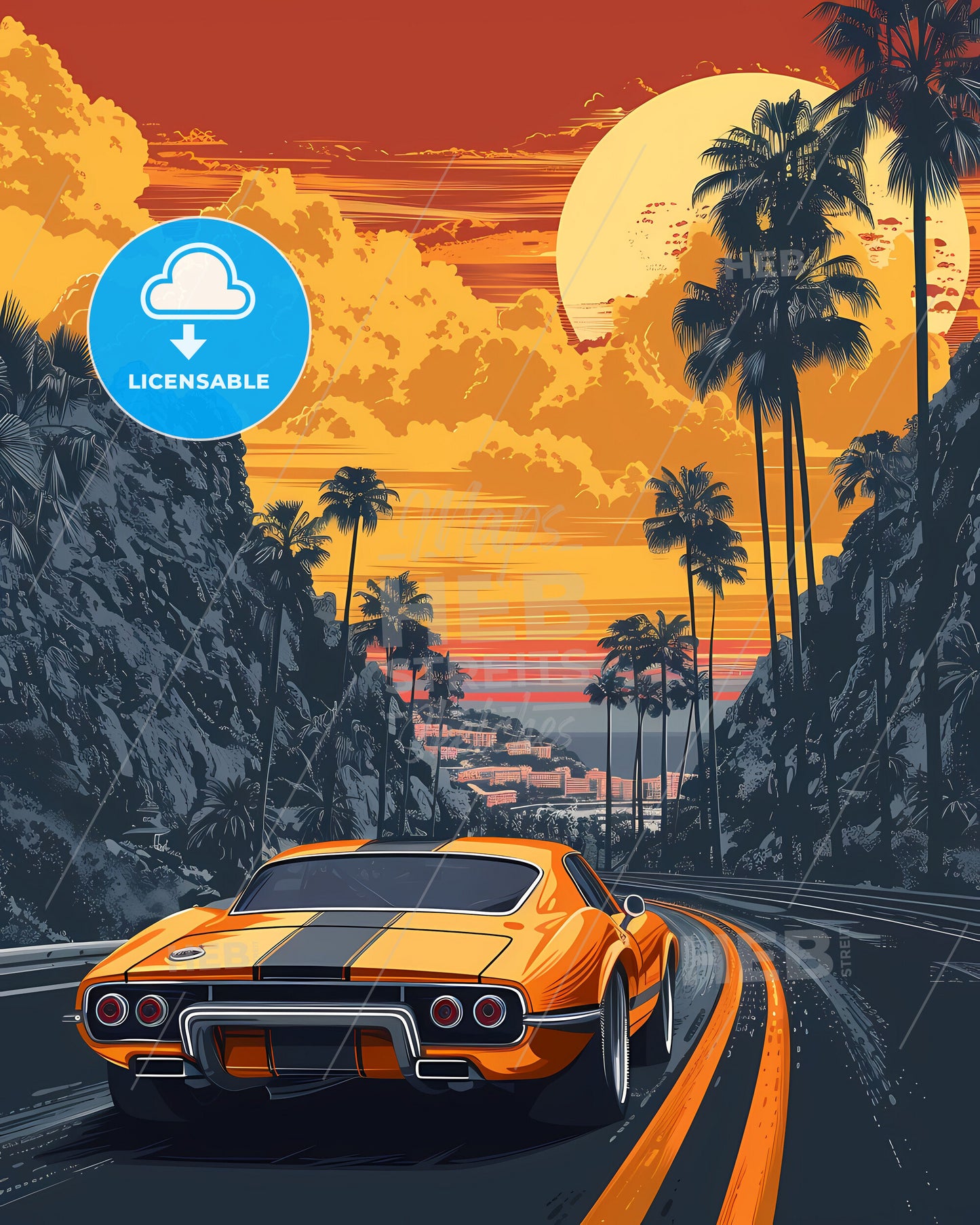 European Art Decor Monaco Road Painting, Cityscape, Palm Trees, Mountains