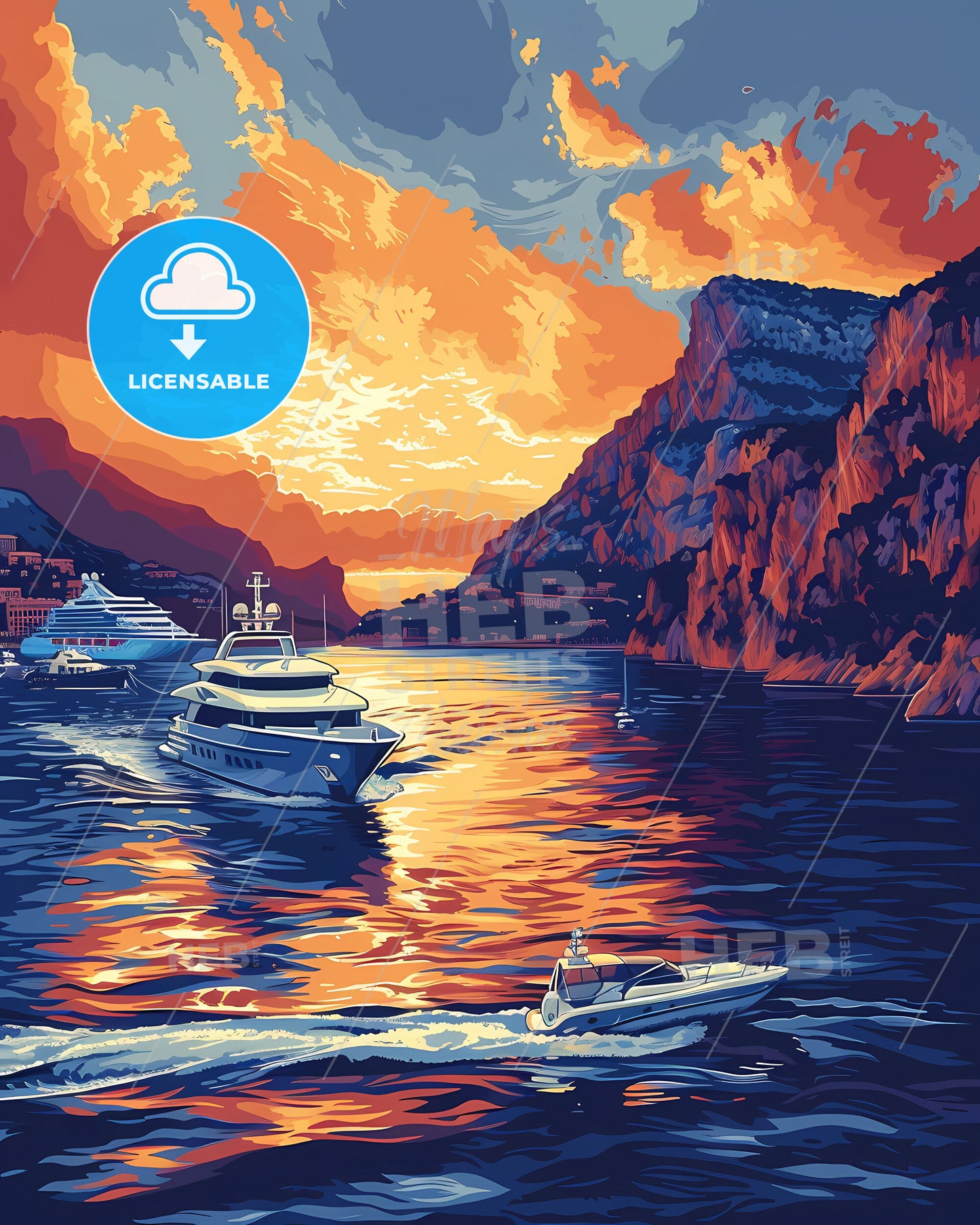 Impressionistic Painting of Colorful Boats in the Marina, Monaco, Europe