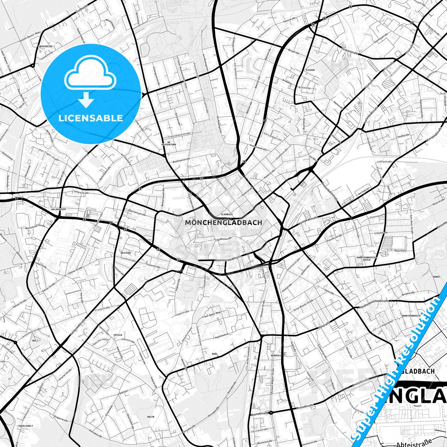 Monchengladbach, Germany Light Map with Street Names, City Names, and Districts