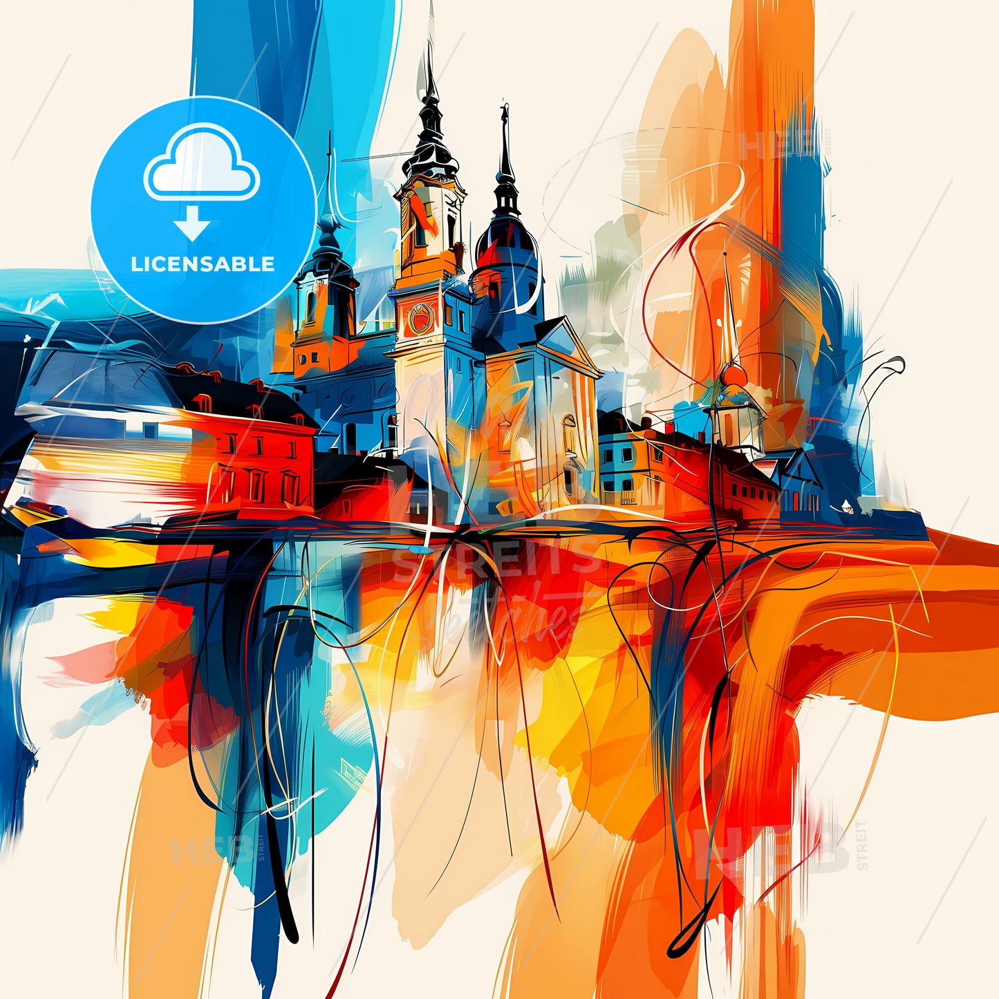 Vibrant Mönchengladbach, Germany - A Painting Of A Building With Towers And A Clock Tower