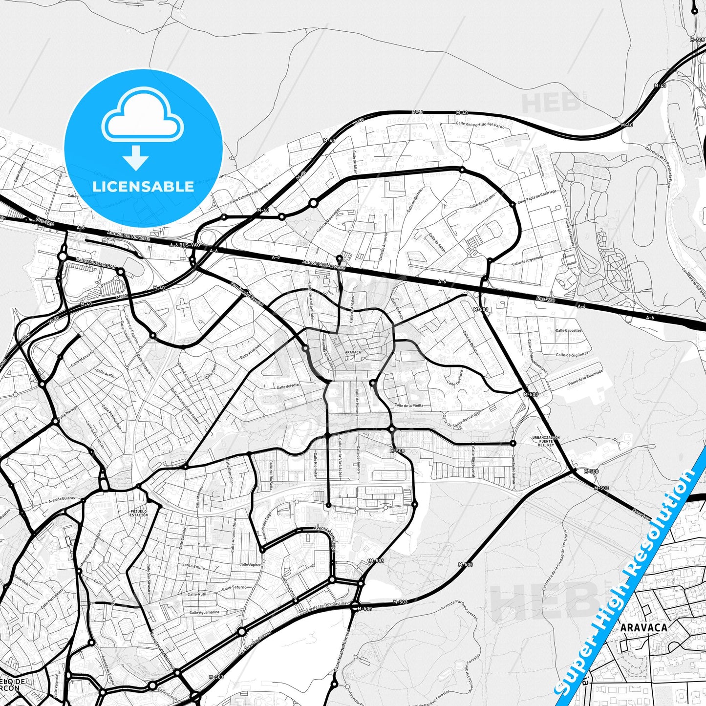 Moncloa-Aravaca, Spain Light Map with Street Names, City Names, and Districts