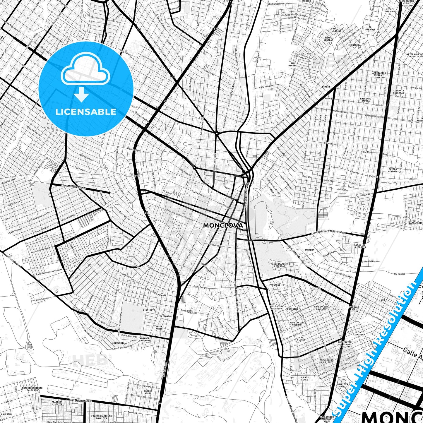 Monclova, Mexico Light Map with Street Names, City Names, and Districts
