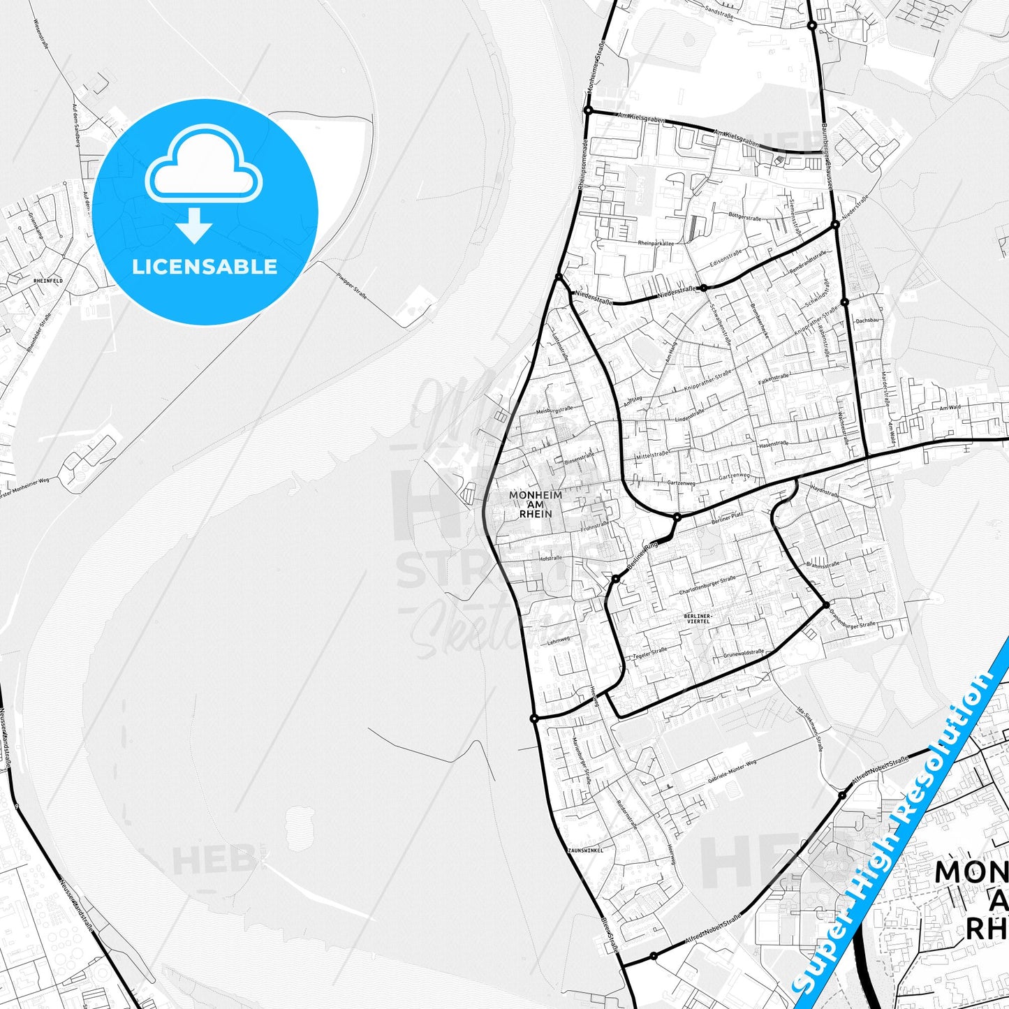 Monheim am Rhein, Germany Light Map with Street Names, City Names, and Districts