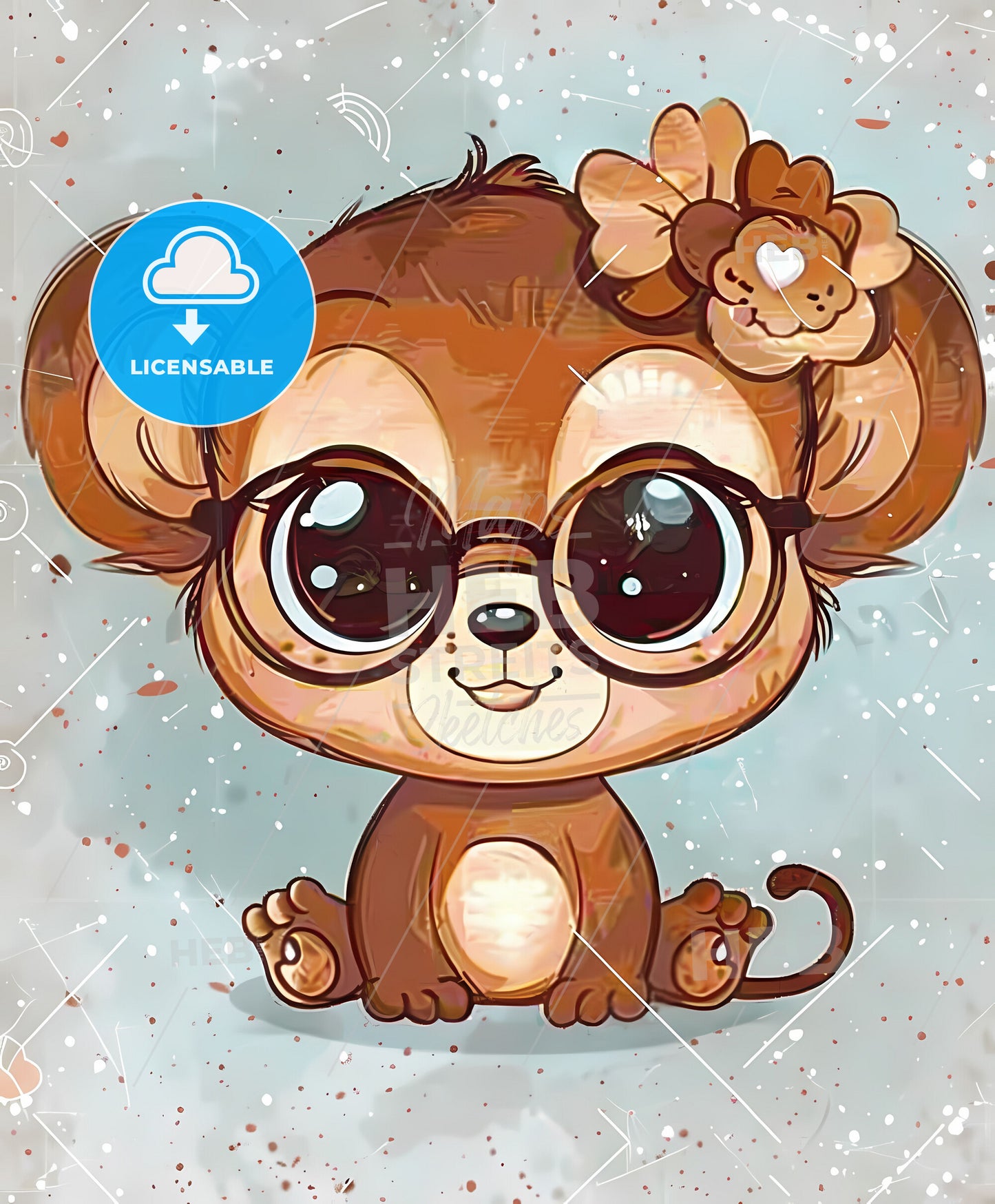 Cartoon kawaii monkey wearing glasses, vibrant art painting, white background, colorful, contour illustration