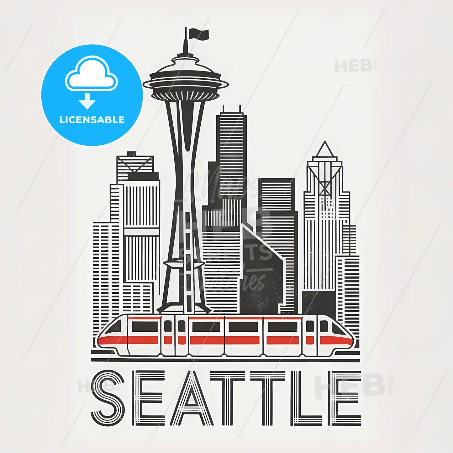 Monochrome Geometric Seattle: Iconic Skyline and Monorail Delight