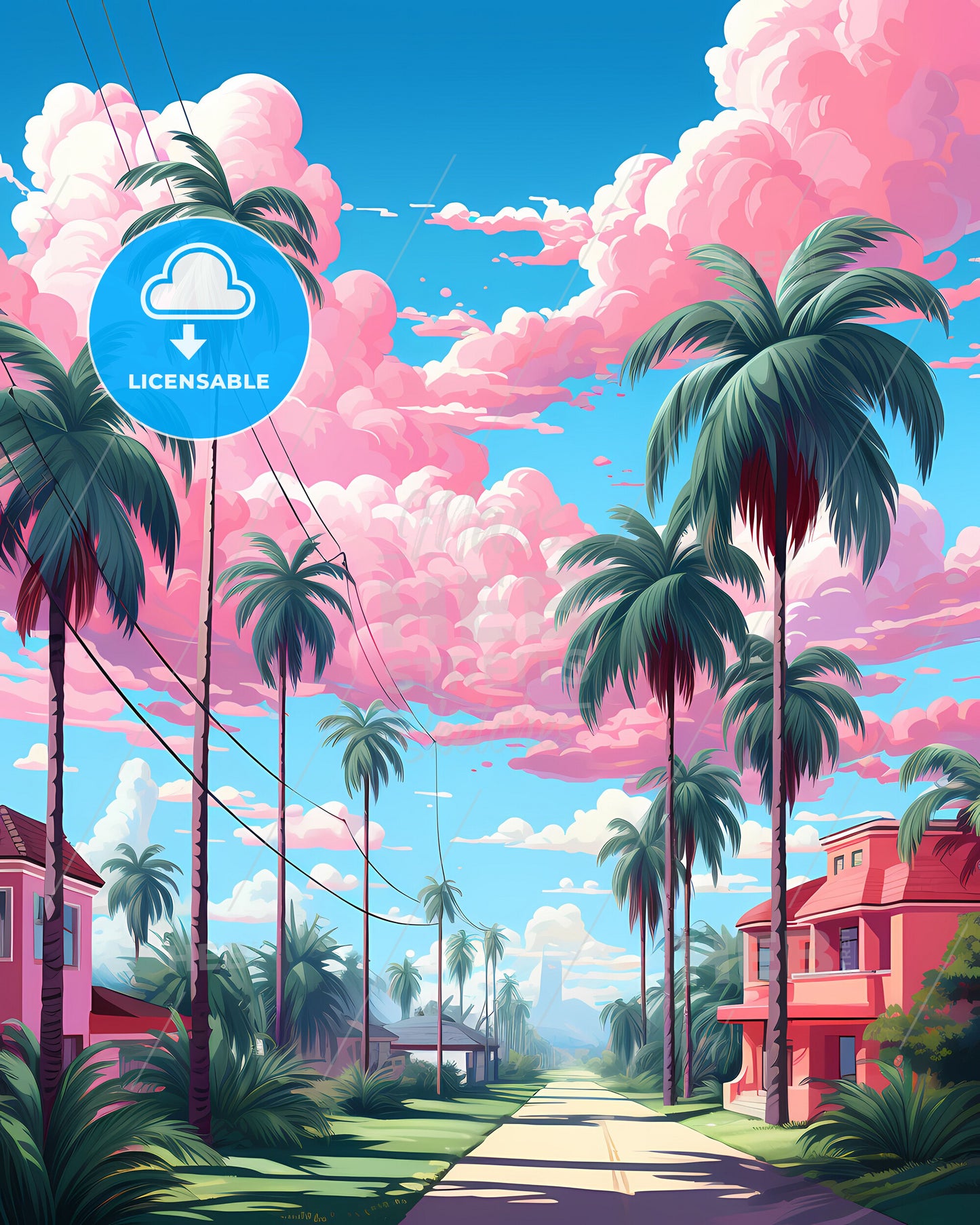 Monrovia Skyline Canvas Art - Vibrant Street Scene with Palm Trees and Houses