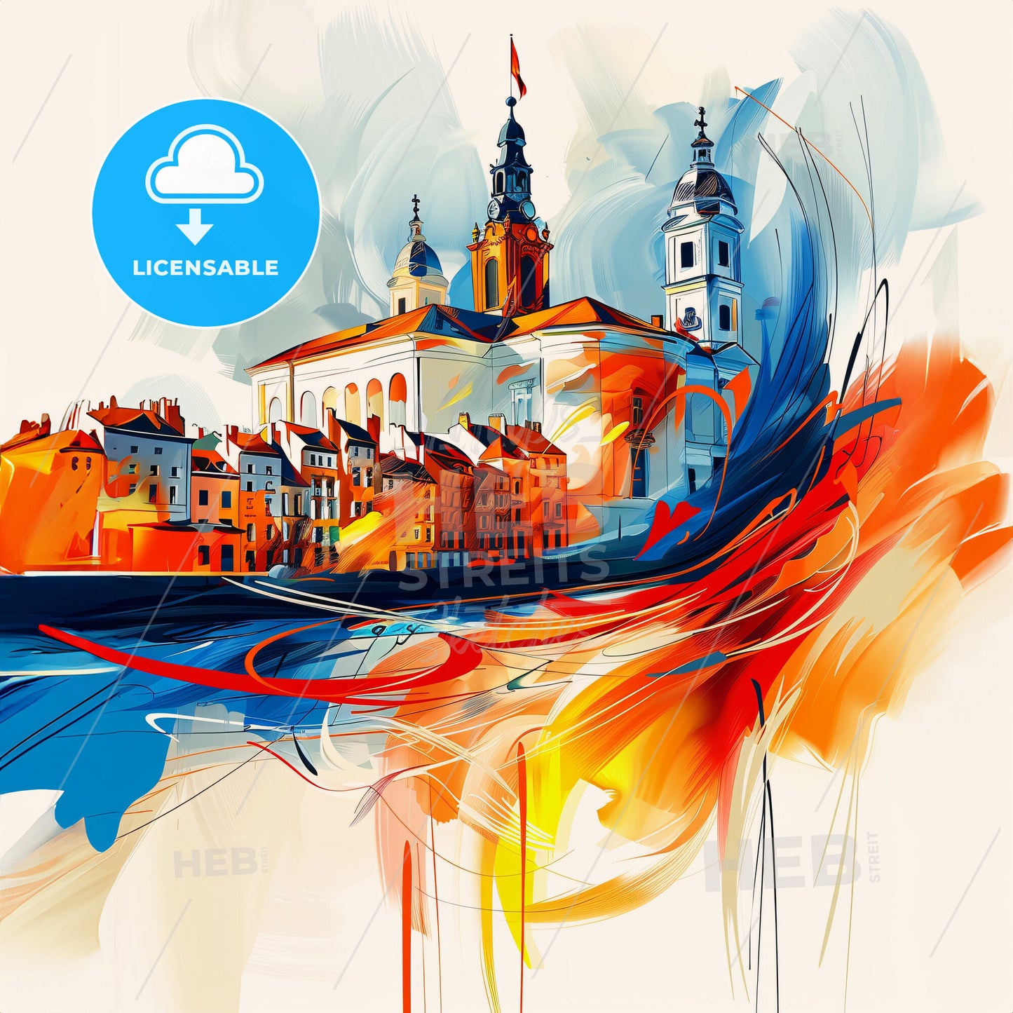 Vibrant Mons , Belgium - A Painting Of A Building With A Red Flag