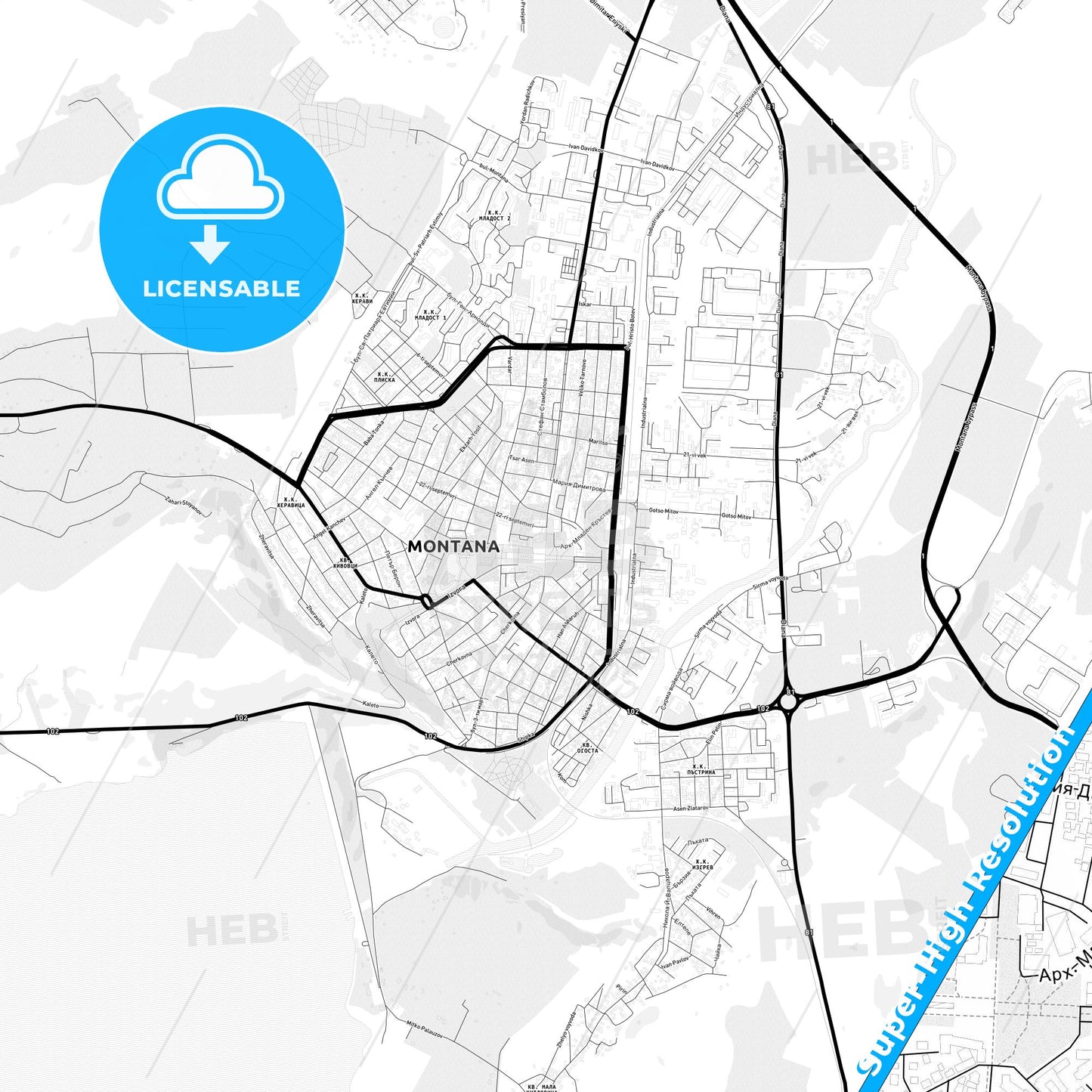 Montana, Bulgaria Light Map with Street Names, City Names, and Districts