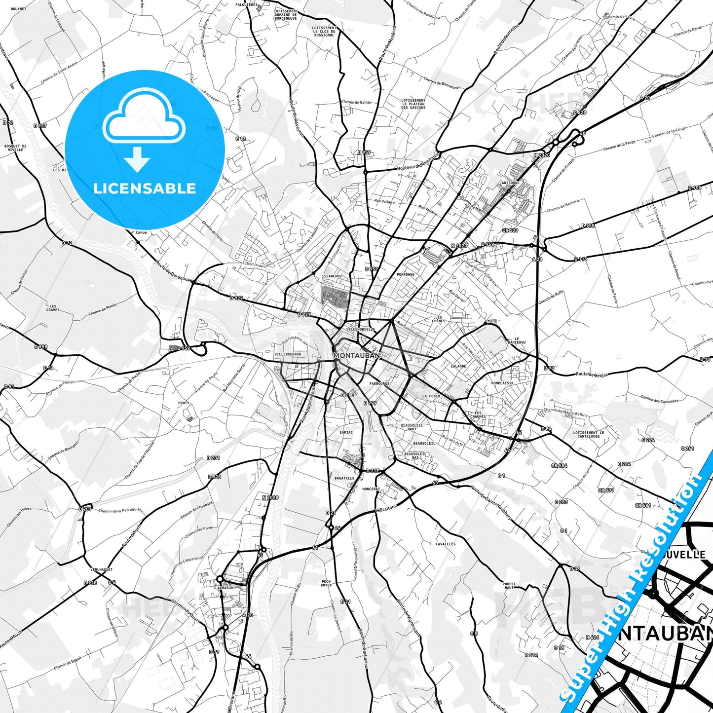 Montauban, France Light Map with Street Names, City Names, and Districts