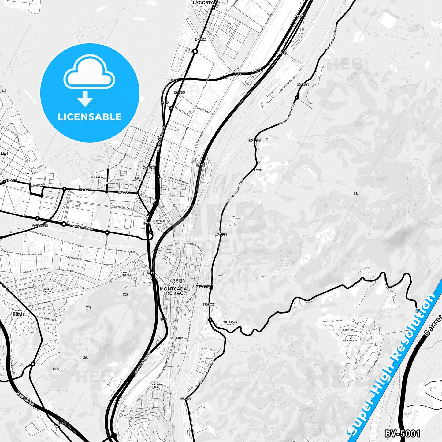 Montcada i Reixac, Spain Light Map with Street Names, City Names, and Districts