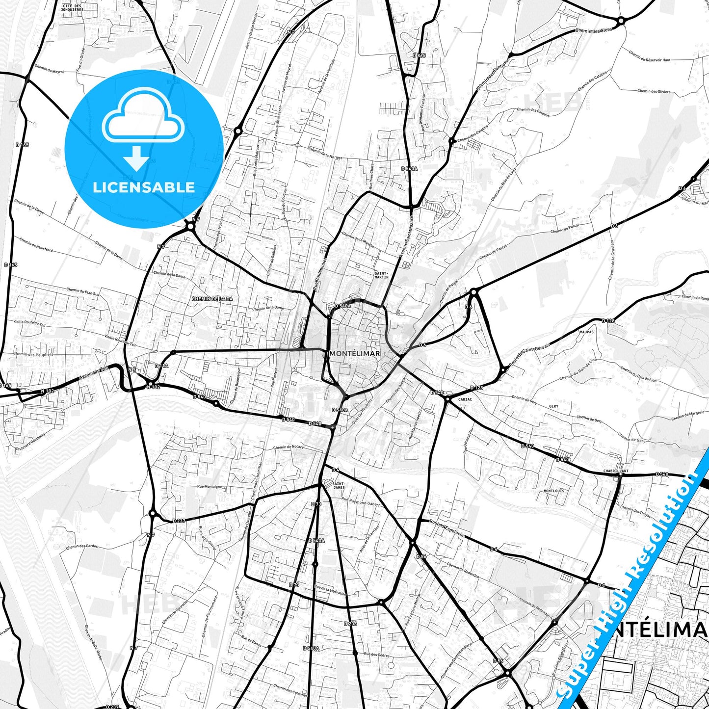 Montélimar, France Light Map with Street Names, City Names, and Districts