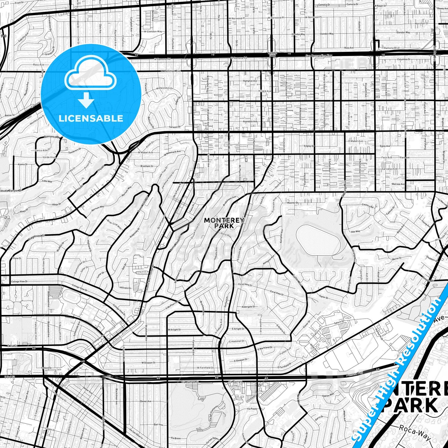 Monterey Park, California Light Map with Street Names, City Names, and Districts