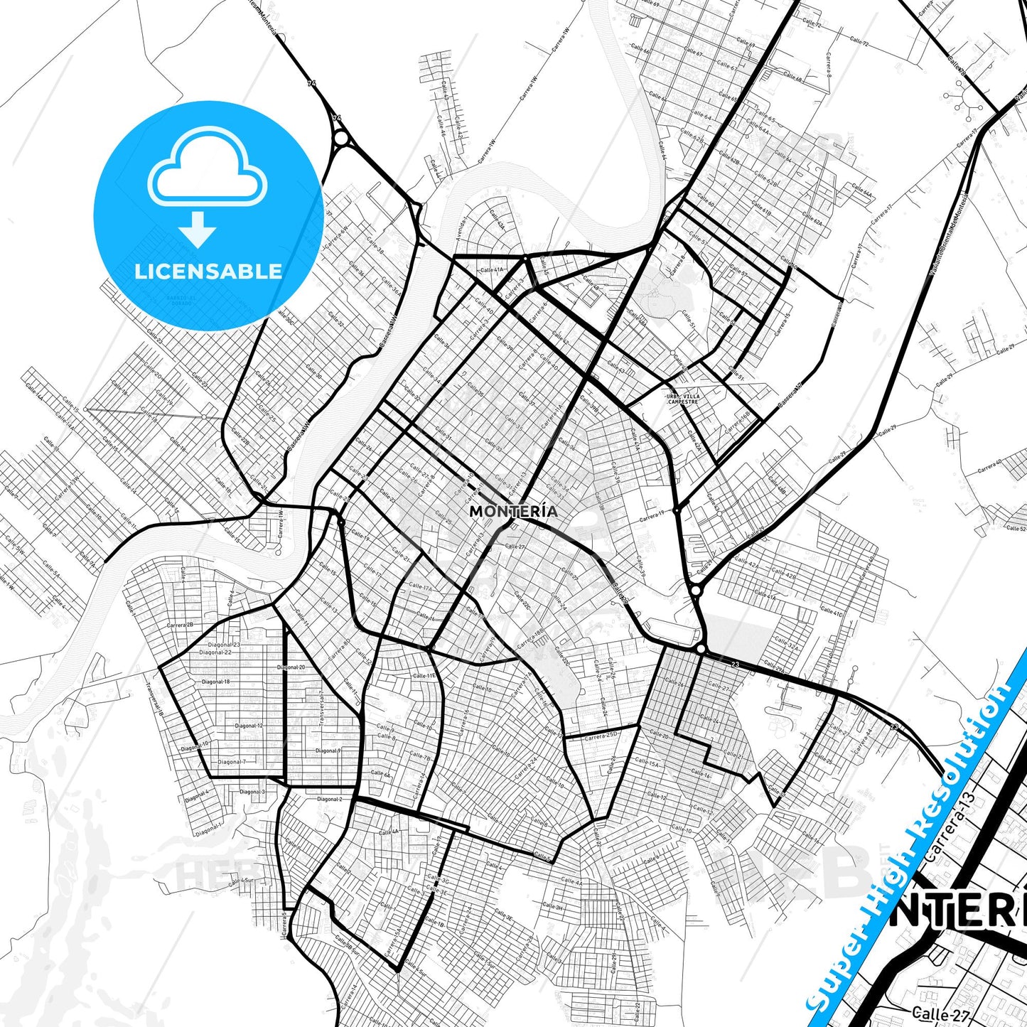 Monteria, Colombia Light Map with Street Names, City Names, and Districts