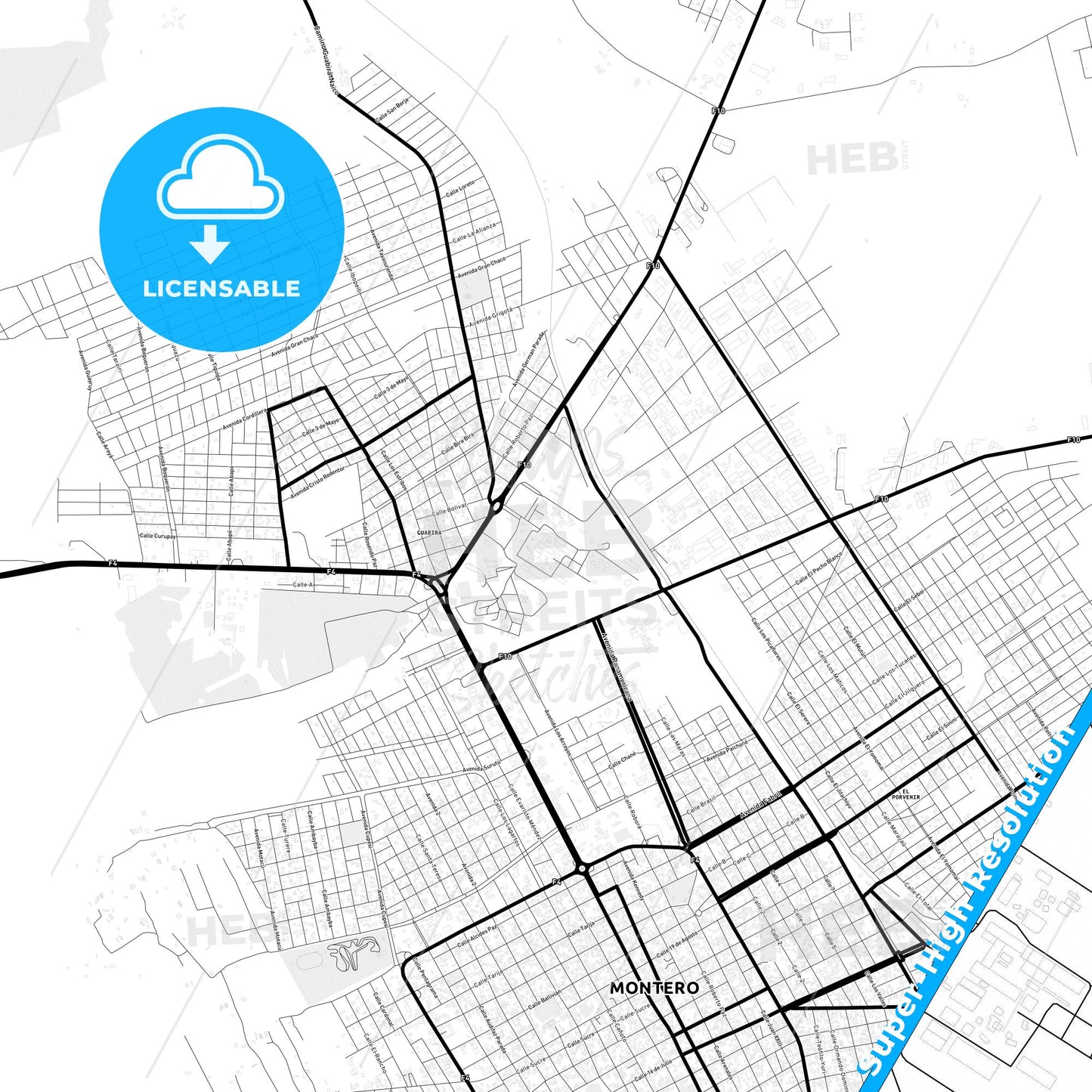 Montero, Bolivia Light Map with Street Names, City Names, and Districts