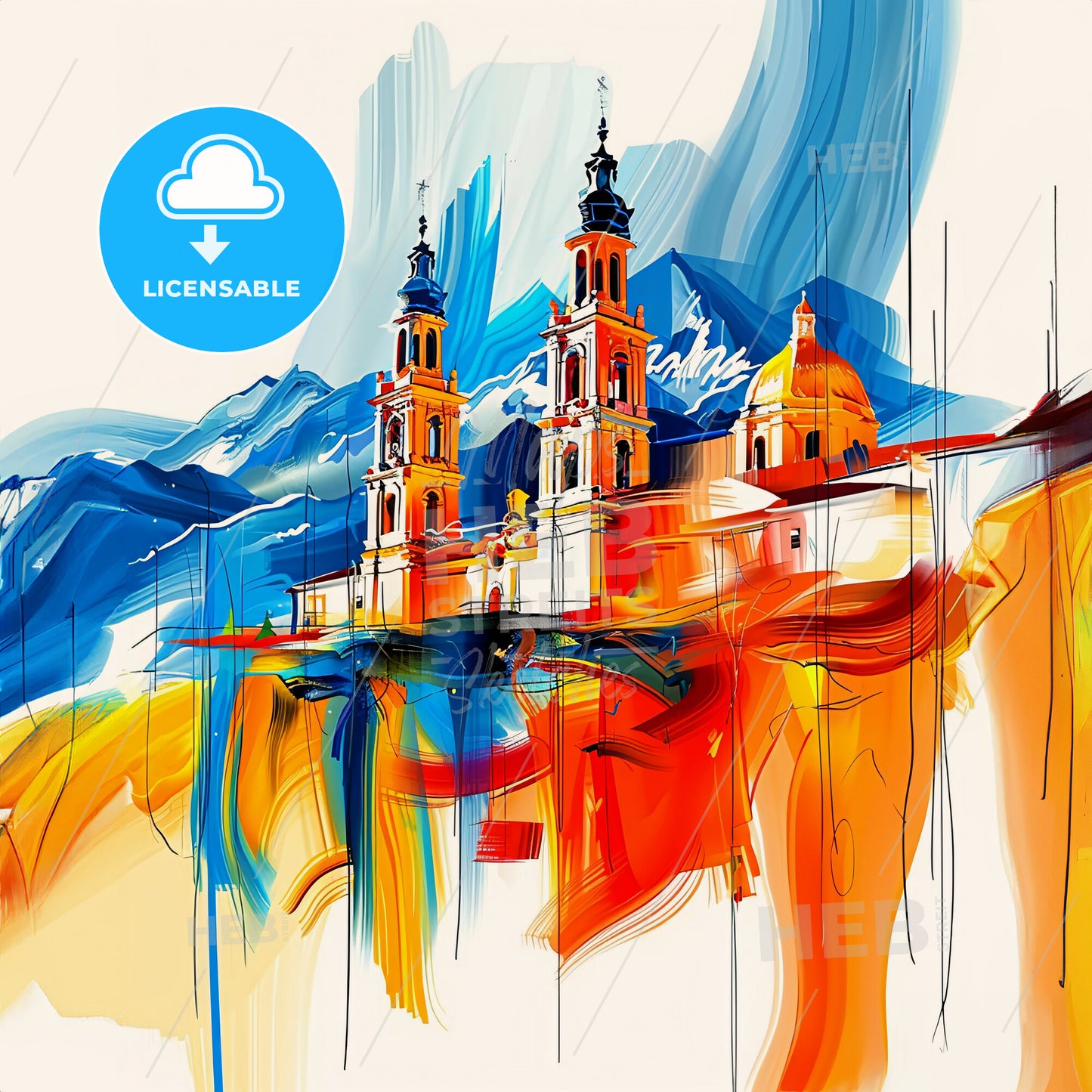 Vibrant Monterrey, Mexico - A Painting Of A Building With Towers And Mountains In The Background