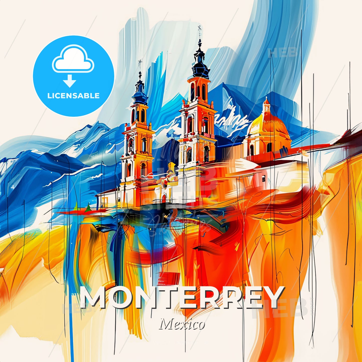 Vibrant Monterrey, Mexico - A Painting Of A Building With Towers And Mountains In The Background - Square format print template