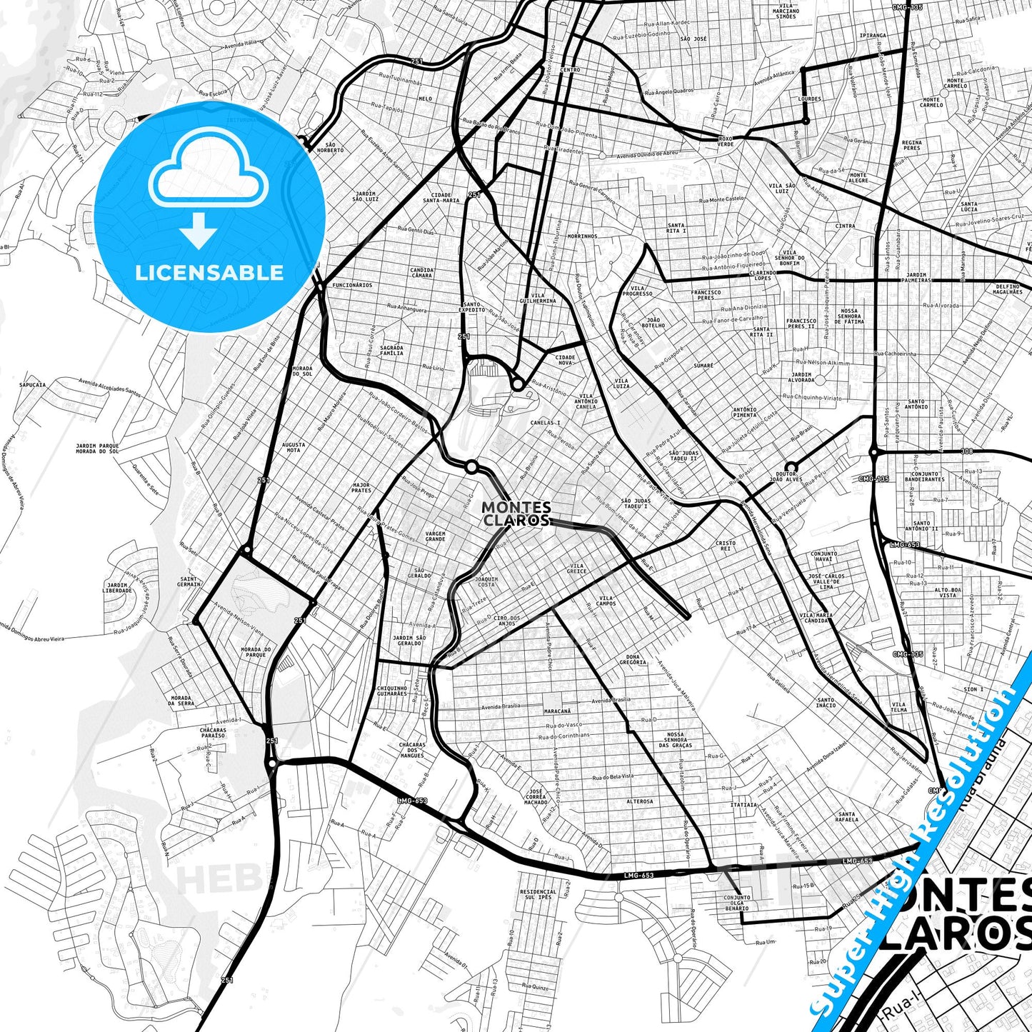 Montes Claros, Brazil Light Map with Street Names, City Names, and Districts
